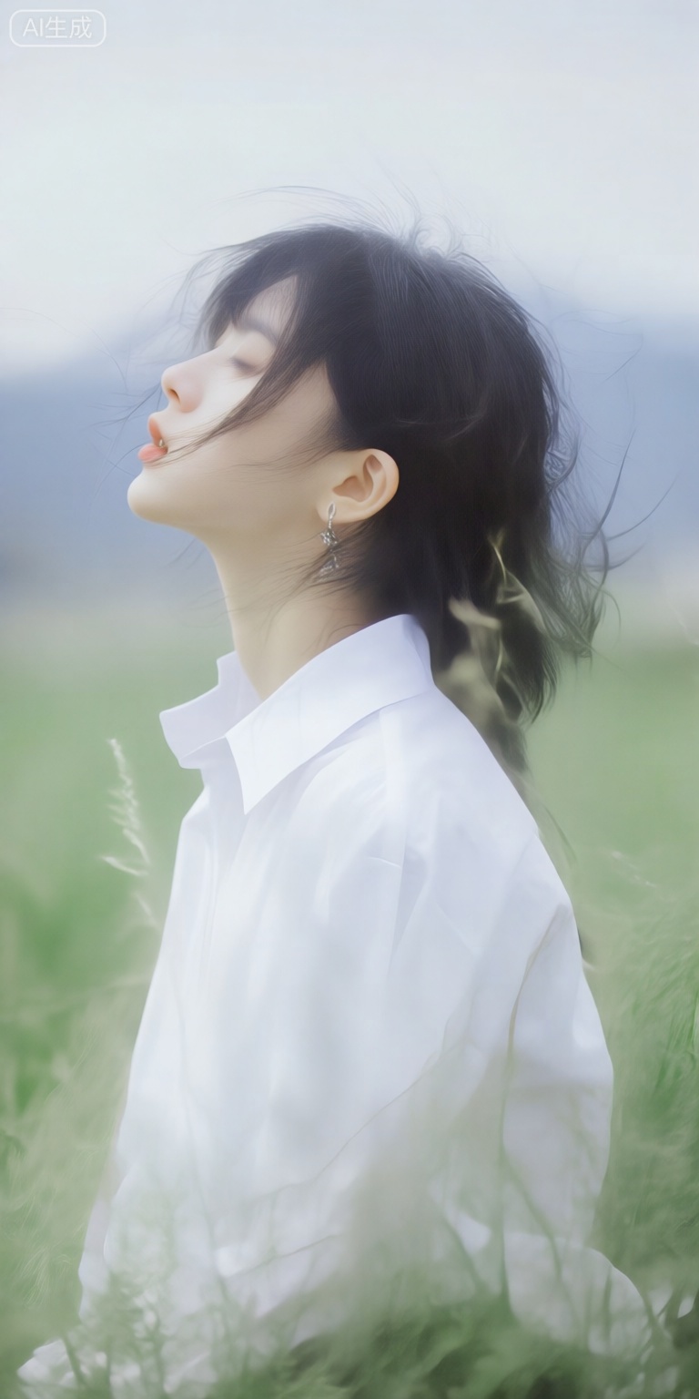 a photo-realistic shoot from a profile camera angle about a young woman with black hair blowing in the wind, surrounded by green grass, the image also shows a serene and dreamy atmosphere, on the middle of the image, a woman appears to be in her early twenties, with a slim body, wearing a white shirt and a white collared shirt, she is facing the viewer, with her eyes closed and her mouth slightly open, as if she is lost in thought, her hair is messy and unkempt, and she is wearing earrings, the background is a soft, blurred blue sky with green grass in the foreground, creating a dreamy and ethereal atmosphere,