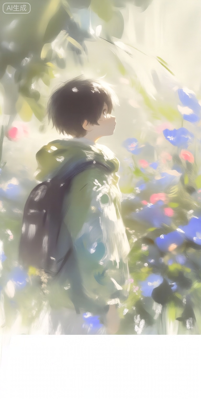 a digital illustration shoot from a profile camera angle about a young boy standing amidst a vibrant garden filled with blue and pink flowers, with a soft, ethereal light filtering through the leaves, the image also shows a serene and peaceful atmosphere, on the middle of the image, a 1boy, who appears to be in his early twenties, with short black hair, is standing with his back to the viewer, wearing a green jacket and a black backpack, the boy is facing away from the camera, with his upper body visible, the background is filled with lush greenery and vibrant flowers, creating a dreamy and ethereal atmosphere, the overall color palette is soft and muted, with shades of blue, pink, and green dominating the scene,