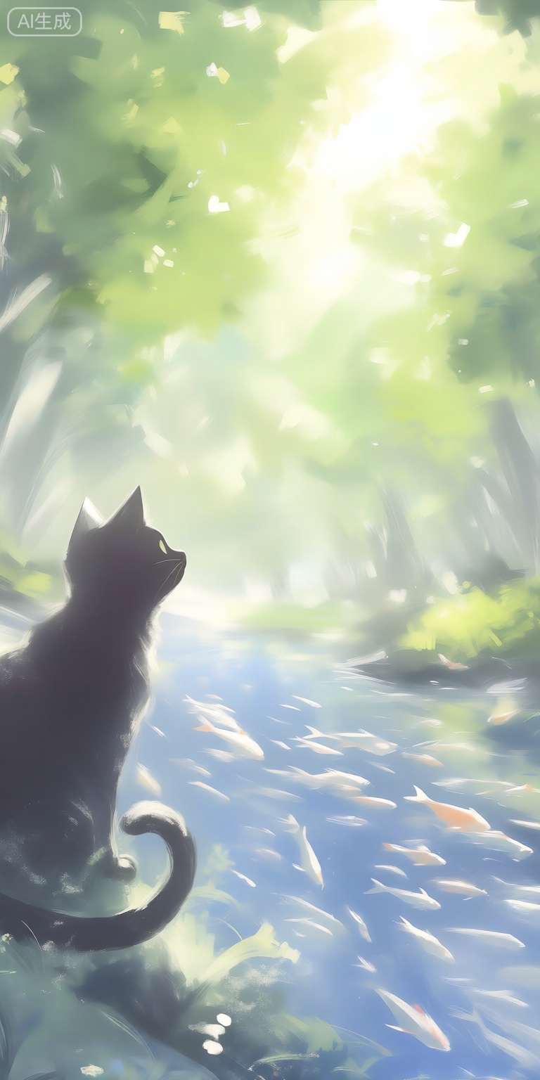 a serene and peaceful scene featuring a black cat silhouetted against a lush green forest, looking up at a large group of small fish swimming in a bright blue stream below, the scene is bathed in a soft, ethereal light, creating a sense of tranquility and serenity, the cat is positioned on the left side of the image, with its tail curled around its body, and its gaze directed upwards, as if lost in thought, the background features a dense canopy of green trees, with the sunlight filtering through the leaves, casting a warm glow on the scene, the overall effect is one of peacefulness and tranquility, inviting the viewer to step into the tranquil environment,