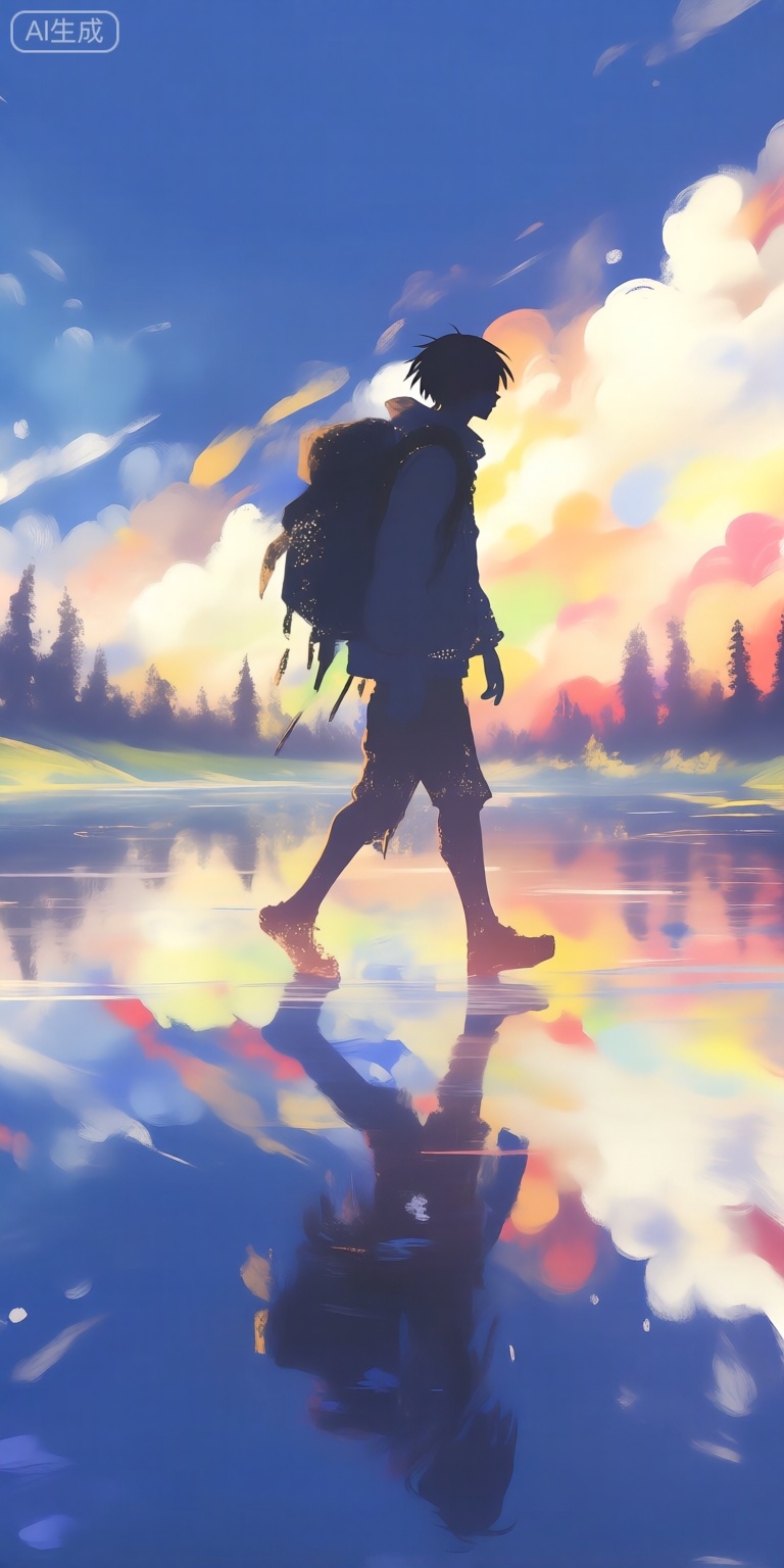 a digital illustration shoot from the side about a silhouette of a person walking across a reflective surface, surrounded by a vibrant, colorful cloud-like landscape, the image also shows a serene, calm lake with reflections of trees and mountains in the water, on the middle of the image, a single person, who appears to be a young *****, is walking away from the viewer, with their full body visible, the person is wearing no clothing, pants, shoes, or accessory, and is carrying a large backpack, they are facing away, and their body is positioned in a way that creates a sense of depth and perspective, the sky is a deep blue, with a few clouds scattered across it, and the trees are silhouetted against it, adding to the serene atmosphere of the scene, the water is calm and reflects the colors of the sky, creating a beautiful contrast with the persons silhouette,