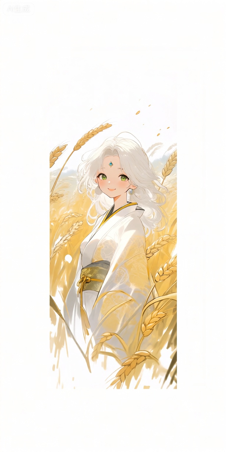 a digital illustration shoot from a portrait camera angle about a young woman with long, flowing white hair standing in a field of tall, golden wheat stalks, wearing a white kimono with intricate patterns and a golden sash, the image also shows a serene and peaceful atmosphere, on the middle of the image, a 1girl, who appears to be in her early twenties, with light skin, long, wavy white hair, and green eyes, is standing with her upper body facing the viewer, looking directly at them with a gentle smile, she is wearing a traditional japanese outfit with a white dress and a gold sash around her waist, and her hair is adorned with a small gem on her forehead, the background is a golden wheat field with tall stalks of wheat, and the lighting is soft and warm, casting gentle shadows on her face and body,