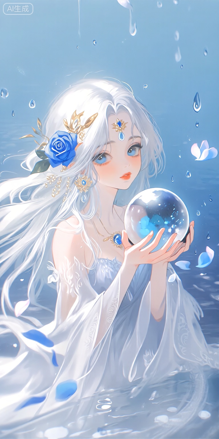 a digital illustration shoot from a close-up camera angle about a beautiful young woman with long, flowing white hair and blue eyes, holding a crystal ball in her hands, she is positioned in the middle of the image, surrounded by a serene blue background with water droplets and petals floating around her, the woman has a gentle, serene expression and is wearing a white, flowing dress with intricate designs, her hair is adorned with a blue rose and a golden hair ornament, and she is looking directly at the viewer with her blue eyes, the image has a soft, ethereal quality, with a focus on the womans delicate features and the delicate beauty of her hair and the crystal ball she holds,