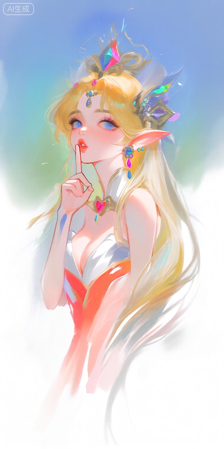 a digital illustration shoot from a portrait camera angle about a fantasy character with long, flowing blonde hair and vibrant colors, wearing a colorful outfit with a jeweled headpiece and a shushing gesture, the image also shows a young woman with fair skin and blue eyes, who appears to be in her early twenties, standing in the middle of the image, with her upper body facing the viewer and looking directly at them, she has a slender physique and is wearing a revealing white and red dress with a plunging neckline, showcasing her cleavage, the dress has a heart-shaped design on the chest, and she is wearing earrings, her hair is styled in a long hair style with a hair ornament, and her lips are parted, as if she is about to say something, the background is a gradient of blue and green, with a soft, dreamy effect, and the lighting is bright and colorful, creating a vibrant and ethereal atmosphere,
