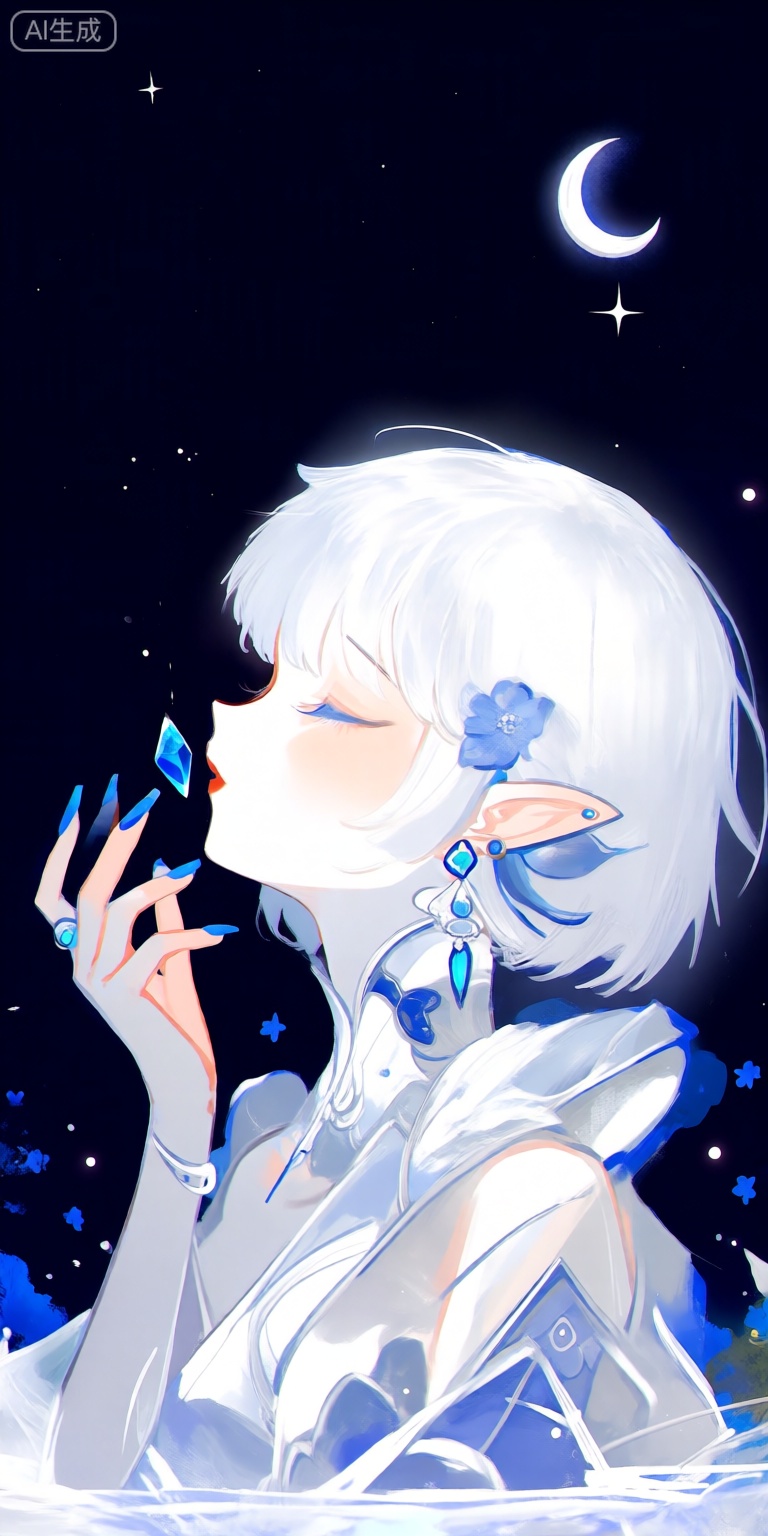 a digital illustration shoot from a close-up camera angle about a fantasy character with white hair and blue accessories, set against a night sky with a crescent moon and stars, the image also shows a serene and dreamy atmosphere, on the middle of the image, a young woman appears to be in her early twenties, with her eyes closed and a peaceful expression on her face, she is wearing a white and blue dress with intricate designs, and her hair is styled in short hair with a blue flower, she has a slim body and is holding a blue gemstone in her right hand, which is placed near her lips, her fingernails are painted with blue nail polish, and she is also wearing earrings, the background is a starry night sky, with a full moon visible in the distance,
