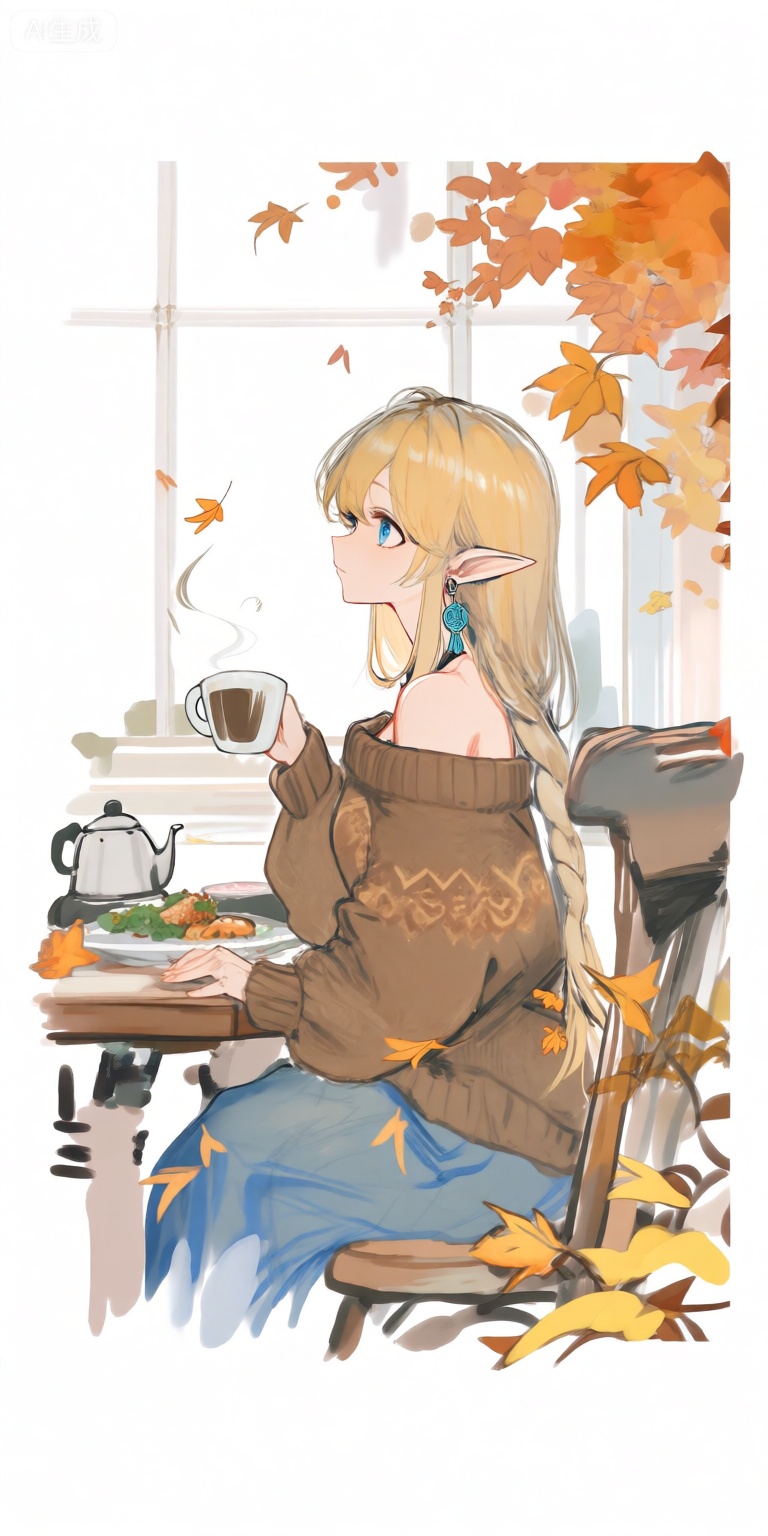 a digital illustration shoot from the side about a young woman sitting at a table with a cup of coffee and a plate of food, surrounded by autumn leaves, the image also shows a cozy atmosphere with warm colors and a warm ambiance, on the middle of the image, a 1woman, who appears to be in her early twenties, with long blonde hair, blue eyes, and pointed ears, is sitting on a wooden chair, she is wearing a brown off-the-shoulder sweater with intricate designs, and a blue skirt, her hair is styled in a braid, and she has a serene expression on her face, her body is slim and she is facing the viewer, with her eyes looking to the side, she has bare shoulders and is wearing earrings, the background features a large window with autumn leaves, and the scene is set in a cozy indoor setting with a wooden table and a kettle on the table,
