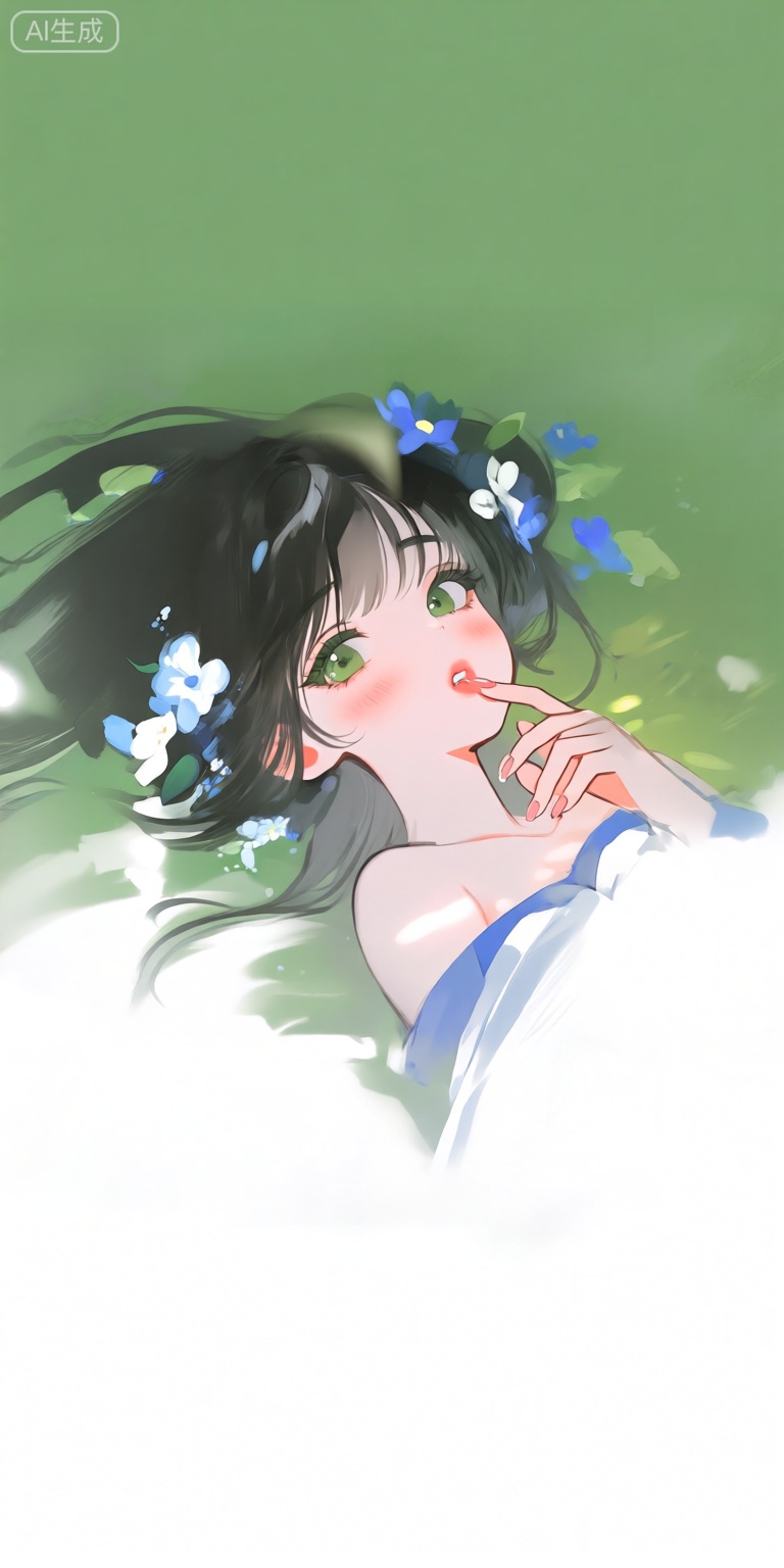 a digital illustration shoot from a close-up camera angle about a young woman with long black hair adorned with blue and white flowers, lying on a soft green background, the image also shows a serene expression and a hint of playfulness, on the middle of the image, a 20 years old woman appears to be lying down, with her upper body facing the viewer, she has green eyes and is looking directly at the viewer with a subtle blush on her cheeks, her hair is styled in long hair, with a few strands framing her face, she is wearing a white and blue dress with a low neckline that reveals her cleavage, and her bare shoulders are visible, her fingernails are painted with a light pink polish, and she is holding her finger near her lips, as if she is about to say something, the background is blurred, with green leaves and soft lighting, giving the image a dreamy and ethereal feel,