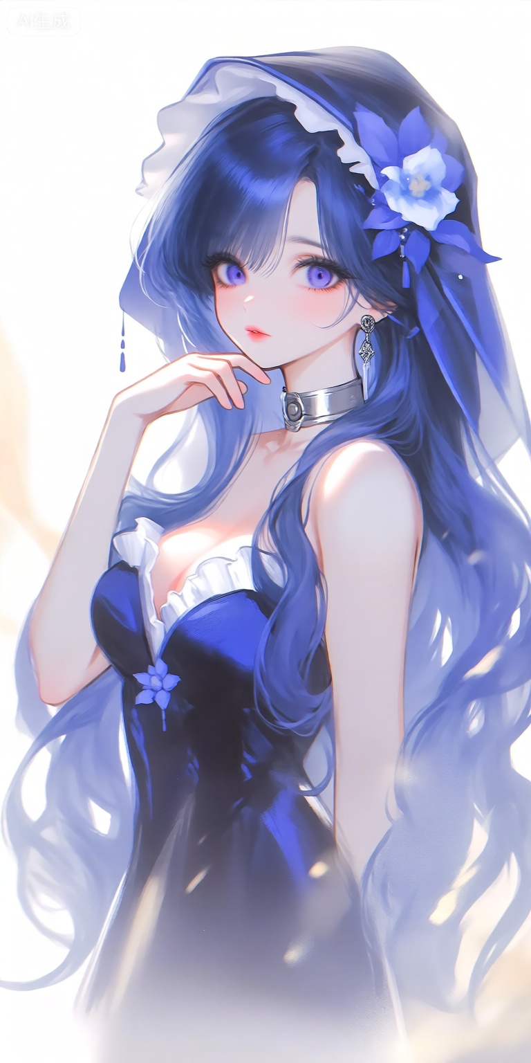 a digital illustration shoot from a portrait camera angle about a portrait of a young woman with long, flowing blue hair wearing a dark blue and white dress with a hood, adorned with a flower, the image also shows a soft, ethereal atmosphere with a focus on the subjects delicate features and elegant attire, on the middle of the image, a 1woman, who appears to be in her early twenties, with a fair complexion and blue eyes, is standing with her hand on her chin, looking directly at the viewer with a serene expression, she has long, wavy, dark blue hair that falls down her back, and her hair is styled in a way that frames her face, her eyes are a deep purple color, and she is wearing a black dress with white ruffles and a plunging neckline, revealing her cleavage, she is also wearing a silver choker and earrings, adding to her elegant and sophisticated look, the background is blurred, with soft, warm lighting that highlights her features and creates a sense of depth and dimension,

