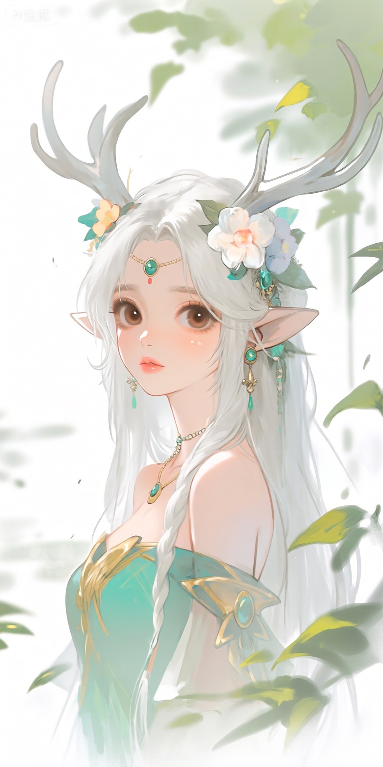 a digital illustration shoot from a portrait camera angle about a fantasy character with long white hair and antlers adorned with flowers and jewelry, set against a soft, blurred background of greenery and leaves, the image also shows a serene and ethereal atmosphere, on the middle of the image, a young woman with light skin appears to be in her early twenties, wearing a teal dress with gold accents and a flower in her hair, she has long, flowing white hair that falls down her back, adorned with antlers and a decorative headpiece with a flower, her eyes are large and brown, and she has pointed ears, she is looking directly at the viewer with a gentle expression, and her lips are closed, her hair is styled in a braid and she is wearing earrings and a necklace, her dress is off-shoulder, revealing her bare shoulders, the background is blurred, with green foliage and soft lighting, giving a dreamy, ethereal quality to the image,
