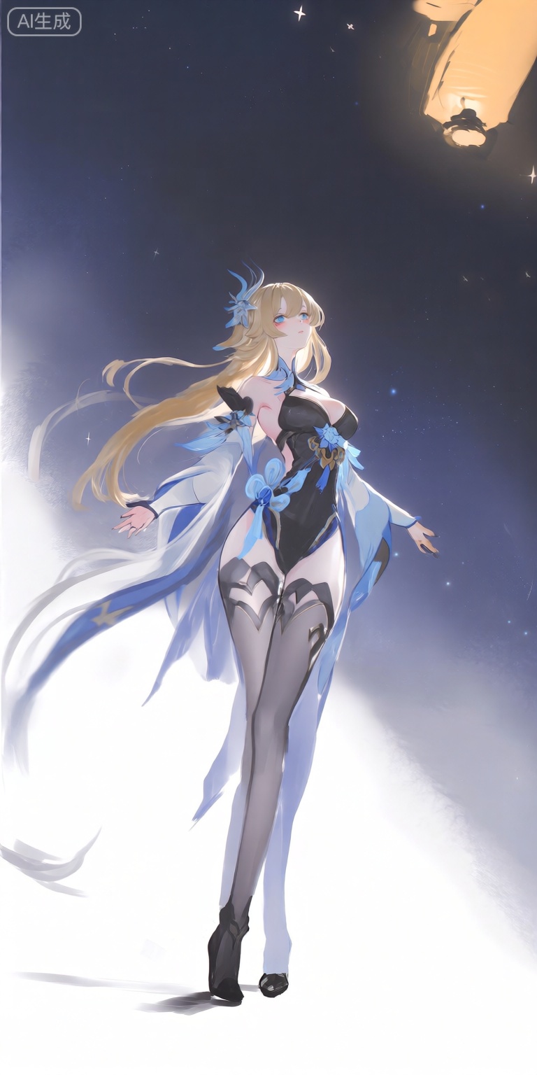 a digital illustration shoot from below about a fantasy character with long flowing hair, wearing a revealing outfit with blue and white accents, the image also shows a young woman standing in the middle of the image, with her full body visible, she has long blonde hair, blue eyes, and is wearing a black and blue outfit with a plunging neckline that reveals her small breasts, her hair is styled in a long hair style, and she is wearing black high heels, she is standing with her arms outstretched, looking to the side with a serene expression, the background is a dark, starry sky with a lantern in the top right corner, the lighting is soft and diffused, casting gentle shadows on her body,