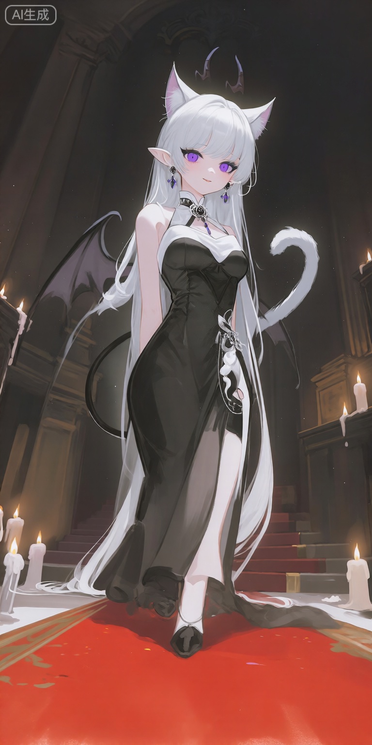 a digital illustration shoot from below about a fantasy character with white hair and cat ears, dressed in a black and white dress, standing in a dimly lit room with candles, the image also shows a red carpet, candles, and ornate architecture in the background, on the middle of the image, a young woman appears to be in her early twenties, with long white hair flowing behind her, she has cat ears and a pair of demon horns on her head, her eyes are a striking purple color, and she has a gentle expression on her face, she is wearing a black dress with a white apron, and a necklace with earrings, her hair is styled in a long, flowing manner, and her body is slim with a small waist, the lighting is soft and warm, casting gentle shadows,
