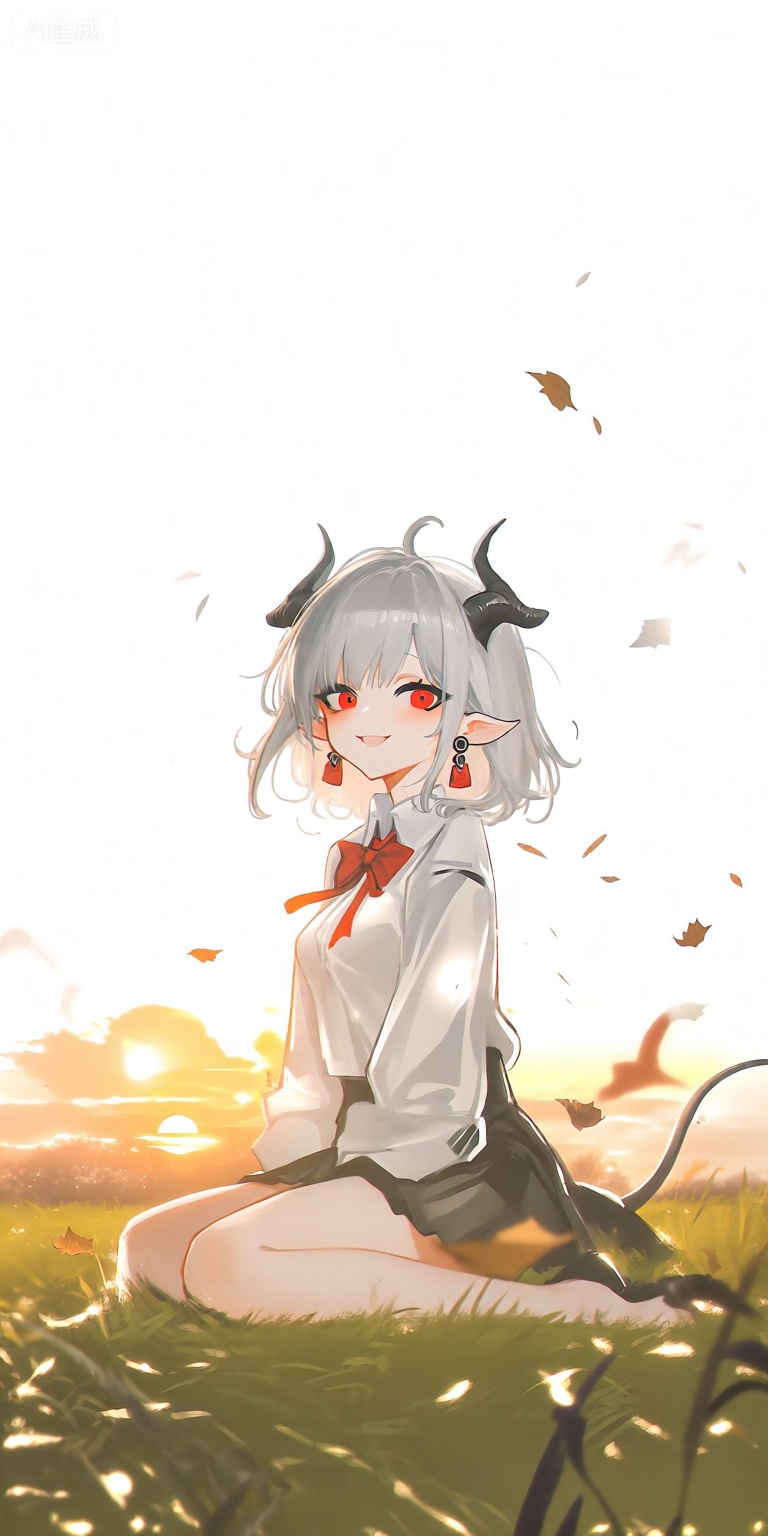 a digital illustration shoot from a frontal camera angle about a character with silver hair and horns sitting on a grassy field during sunset, surrounded by falling leaves, the image also shows a serene and slightly mischievous expression, on the middle of the image, a 1girl who appears to be a young woman with light skin, long silver hair, and red eyes, who is sitting on the grass with her upper body facing the viewer, looking at the viewer with a slight smile, she has a slim body and is wearing a white shirt with a red bow, a short black skirt, and a pair of earrings, her hair is styled in a short hair style, and she has black horns on her head, the background is a warm, golden sunset with a few scattered leaves, giving the image a soft and dreamy atmosphere, the lighting is soft and warm, creating a gentle glow on the characters face and body,