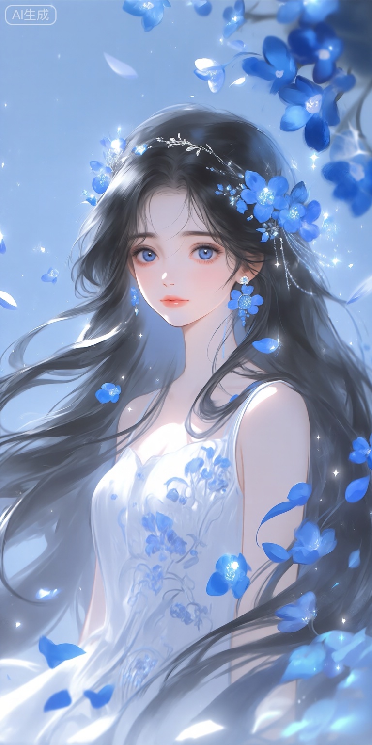 a digital illustration shoot from a portrait camera angle about a beautiful woman with long, flowing black hair adorned with blue flowers and a delicate headpiece, surrounded by sparkling blue petals, the image also shows a serene and ethereal atmosphere, on the middle of the image, a young woman appears to be in her early twenties, with a calm and gentle expression, looking directly at the viewer, she has blue eyes and is wearing a white, sleeveless dress with intricate floral patterns, her hair is long and flowing, and she has a delicate, ethereal appearance, she is surrounded by a soft, glowing blue background with floating petals, giving the image a dreamy and magical feel,

