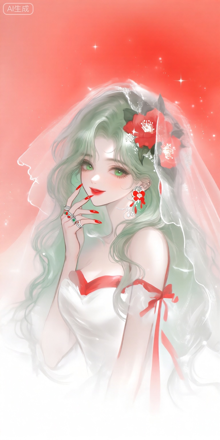 a digital illustration shoot from a portrait camera angle about a beautiful woman with long, wavy light green hair and a red flower in her hair, wearing a white and red bridal outfit with a veil, the image also shows a soft, ethereal background with a red gradient and sparkles, on the middle of the image, a young woman appears to be in her early twenties, with light skin, green eyes, and a gentle smile, she has a slender physique and is wearing a strapless white dress with red ribbons, her hair is styled in long hair, and she is looking directly at the viewer with a serene expression, she is holding her hand near her face, and her fingernails are painted with red nail polish, on her right hand, she has several rings on her fingers, and on her left hand, there is a ring on her finger, the overall style is semi-realistic with a touch of fantasy, and the image is high quality with a focus on the womans beauty and elegance,