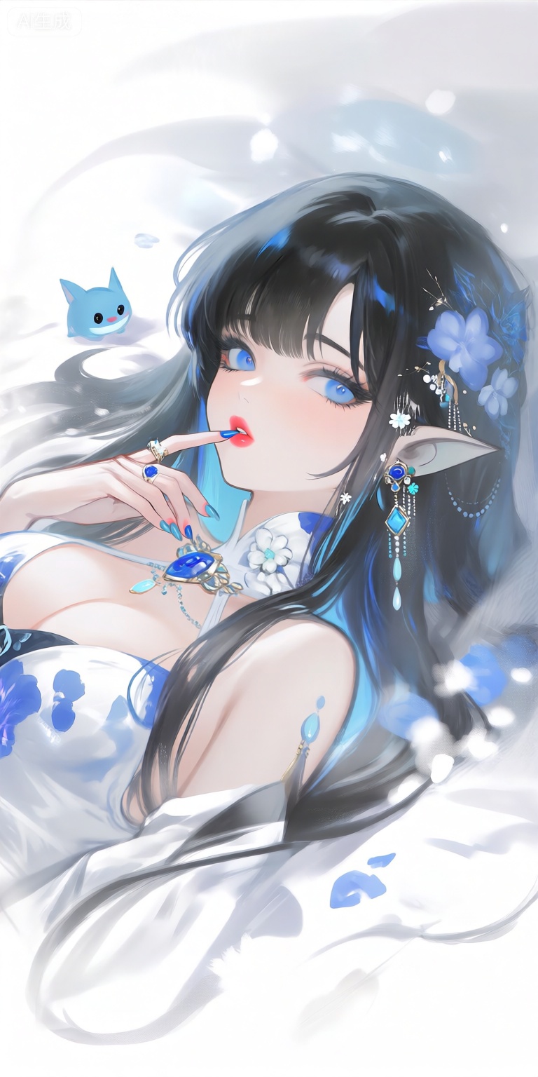 a digital illustration shoot from a close-up camera angle about a fantasy character with long black hair and blue eyes, adorned with flowers and jewelry, lying on a soft, blurred background with a small blue creature in the background, the image also shows intricate details and a dreamy atmosphere, on the middle of the image, a 1woman, who appears to be a young *****, with fair skin, long dark hair, and pointed elf ears, is lying on her back with her upper body facing the viewer, she has blue eyes and is looking directly at the viewer with a seductive expression, her hair is styled in a long hair style with black and blue highlights, and she is wearing a white and blue dress with floral patterns, a hair ornament with a blue flower, and earrings, her body is slim and she has large breasts, she is touching her lips with one hand, and her fingernails are painted with nail polish,