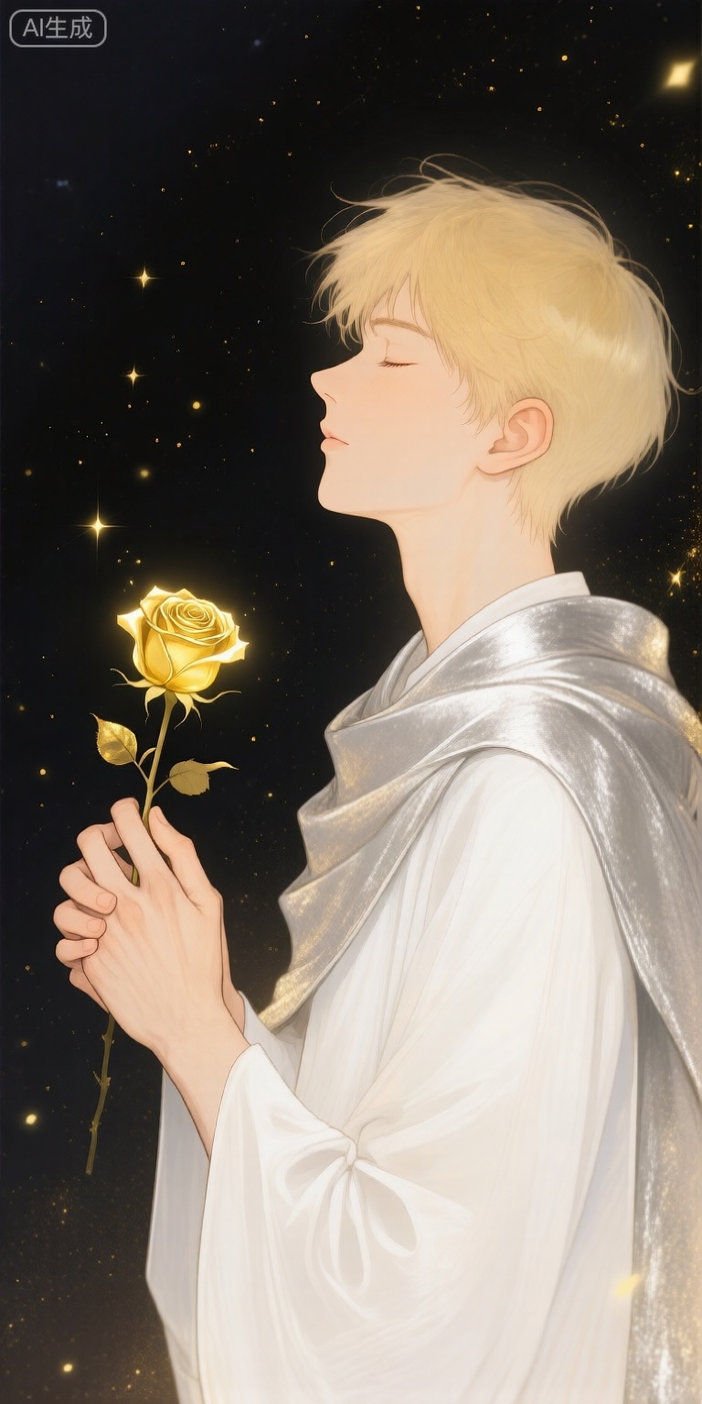 a digital illustration shoot from a profile camera angle about a serene figure holding a golden rose, set against a dark background with sparkles, the image also shows soft lighting and a dreamy atmosphere, on the left of the image, a young man with light skin and short, blonde hair, who appears to be in his early twenties, is facing the viewer with closed eyes and a gentle expression, he is wearing a white robe and a silver shawl draped around his shoulders, the mans hands are clasped together in front of him, and he is holding a small, glowing yellow rose in his right hand, the background is a dark, starry night sky with small, golden sparkles scattered throughout, the overall mood is peaceful and serene, with a focus on the man and the rose,
