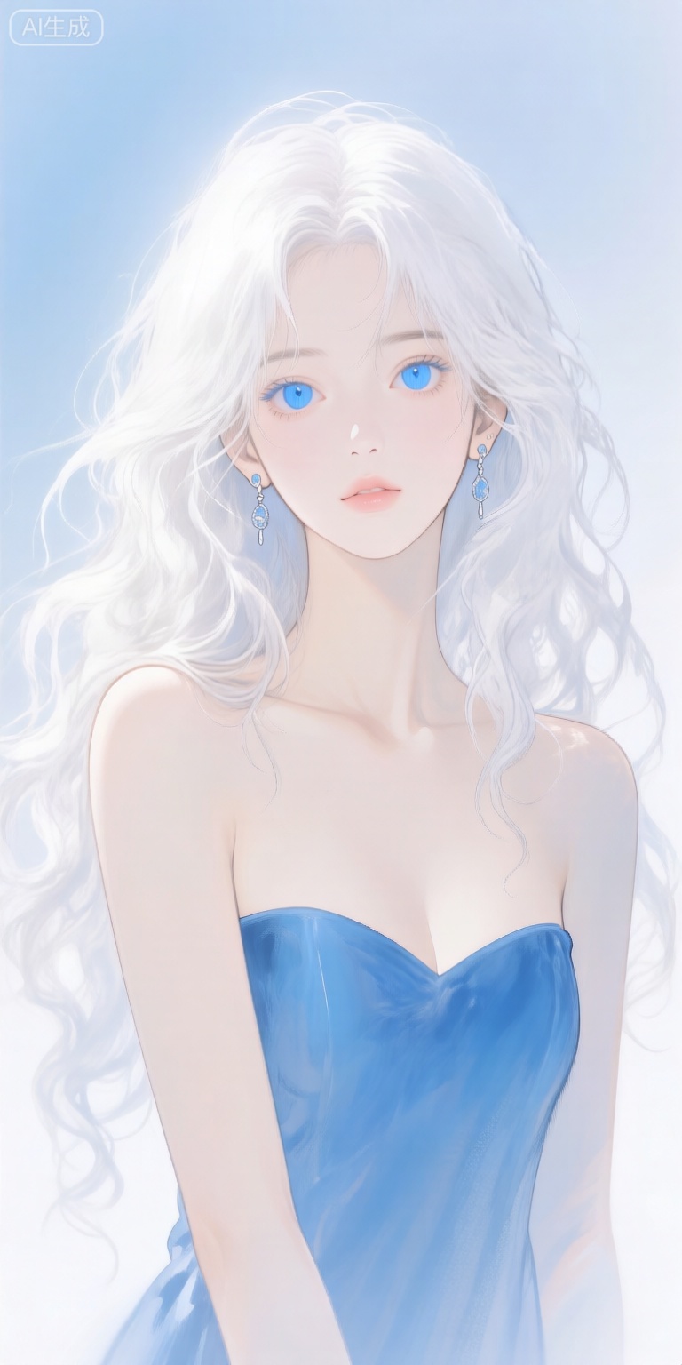 a digital illustration shoot from a portrait camera angle about a portrait of a young woman with long, wavy white hair and striking blue eyes, wearing a blue strapless dress, the image also shows a soft, ethereal light illuminating her face and upper body, on the middle of the image, a 1girl, who appears to be in her early twenties, with light skin and a slender physique, is facing the viewer, looking directly at them with a neutral expression, she has blue eyes and is wearing a strapless blue dress with a plunging neckline that accentuates her bare shoulders, her hair is long and wavy, and her hair color is white, she is wearing earrings and has a delicate, elegant look, the background is a soft gradient of light blue and white, creating a dreamy and ethereal atmosphere,
