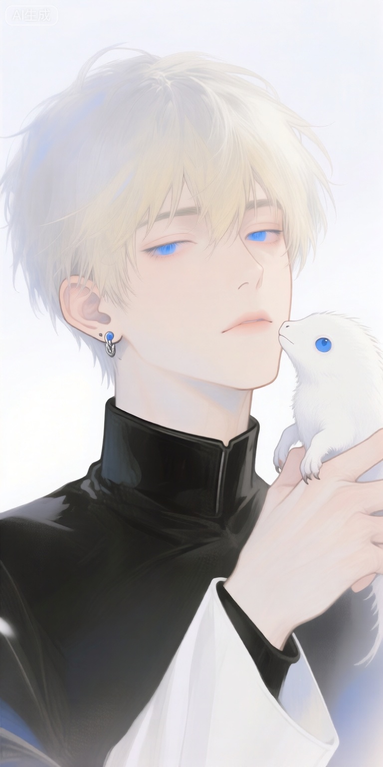 a digital illustration shoot from a portrait camera angle about a close-up portrait of a young man with short, silver hair and striking blue eyes, holding a small, white creature close to his face, the image also shows a soft, ethereal quality with a focus on the characters expression and the creatures features, on the middle of the image, a 20-year-old male with light skin appears to be looking directly at the viewer with a serious expression, wearing a black and white outfit with a high collar and a pair of earrings, he has short, platinum blonde hair and blue eyes that are closed, and his hair style is styled in a short, messy manner, the background is a simple, white gradient with soft, diffused light colors, creating a gentle, dreamy atmosphere, the character is positioned in the center of the frame, with the creature on the right side, adding a sense of depth and dimension to the image,
