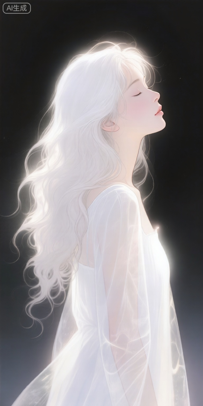 a digital illustration shoot from a profile camera angle about a serene figure of a woman with long, flowing white hair, illuminated by soft light, the image also shows a soft, ethereal glow emanating from her head and shoulders, creating a dreamy atmosphere, on the middle of the image, a young woman appears to be in her early twenties, with her eyes closed and a peaceful expression on her face, she is facing away from the viewer, and her long, wavy white hair cascades down her back, the woman is wearing a white dress that is partially transparent, allowing the soft light to shine through and create a sense of depth and dimension, the background is a dark, gradient black, which contrasts with the womans delicate features, the overall effect is one of serenity and tranquility, with the soft and ethereal lighting adding to the dreamy ambiance,