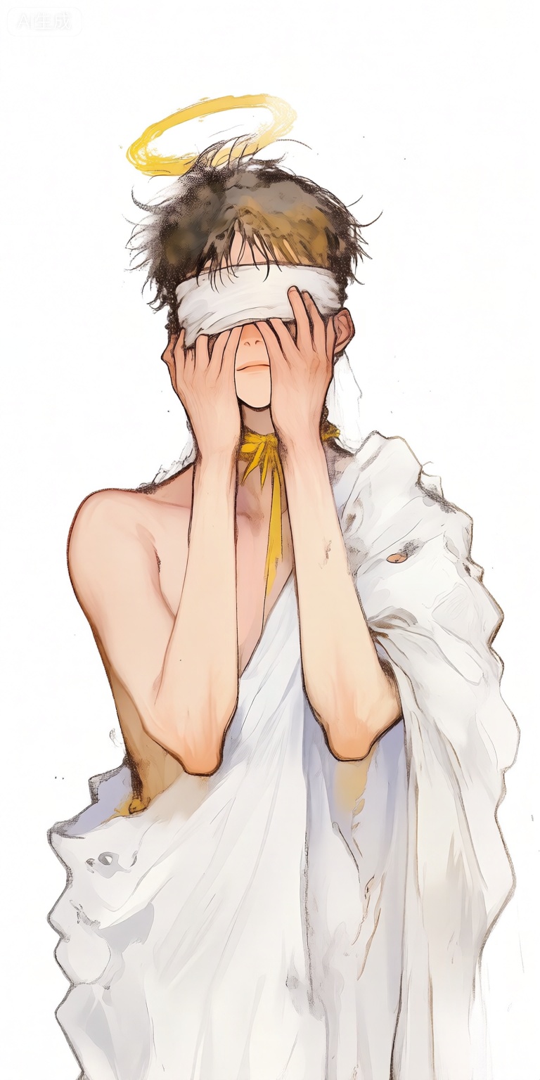 a digital illustration shoot from a portrait camera angle about a stylized portrait of a man with a blindfold and a yellow halo, set against a plain white background, the image also shows a man in the middle of the frame, with a neutral expression, looking directly at the viewer, the man appears to be a young *****, with short, dark hair and a slim physique, he is wearing a white headband with a yellow ribbon around his neck, and his hands are covering his eyes, his body is covered in a white cloth, and he is completely nude, with no clothing or accessories visible, the overall mood of the image is somber and contemplative,