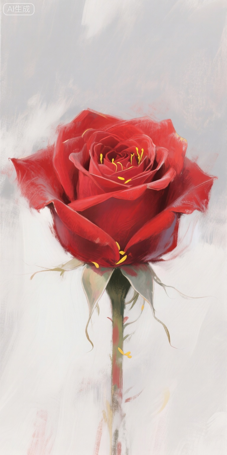 a digital illustration shoot from a close-up angle about a single red rose in a minimalistic abstract painting with a focus on texture and color, the image also shows a single flower in the middle of the image, which is a single, vibrant red rose with a few yellow stamens, set against a soft, muted gray and white background, the red rose is the focal point of the painting, standing out against the neutral tones of the background, it is the main subject, with no other objects in the frame, and is the only object in the image, the flower is in full bloom, with its petals slightly curled upwards, giving it a sense of movement and life, the petals are detailed with subtle brush strokes, adding texture and depth to the painting, the overall effect is one of serenity and beauty, with the red flower standing out in stark contrast against the muted gray background,

