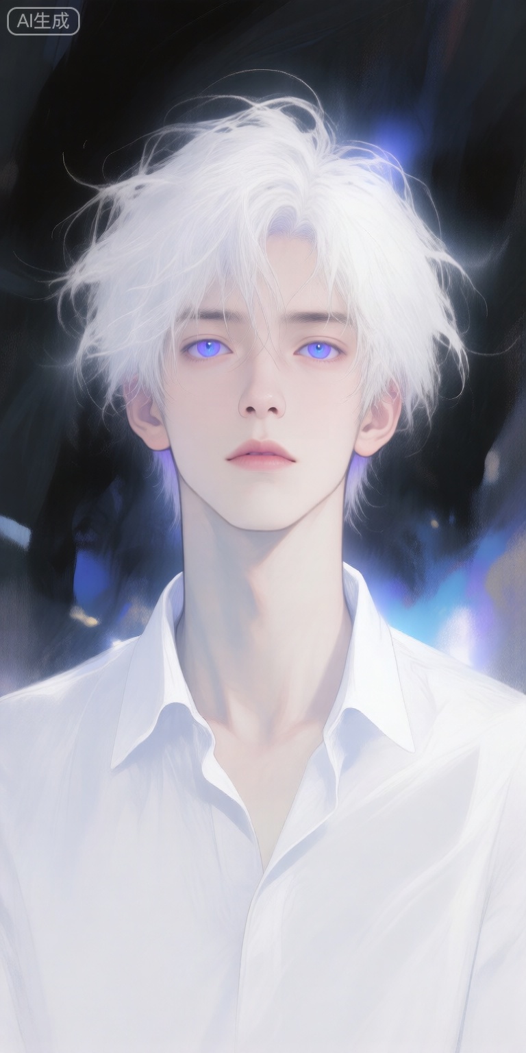 a digital illustration shoot from a portrait camera angle about a portrait of a young man with white hair and glowing blue eyes, set against a dark, abstract background, the image also shows a soft, ethereal glow emanating from the mans face and hair, creating a sense of depth and dimension, on the middle of the image, a 20-year-old man appears to be looking directly at the viewer, with a serious expression and a closed mouth, he has a slim body and is wearing a white shirt, his hair is styled in a messy, unkempt manner, and his eyes are a striking purple color, the man is positioned in the center of the frame, with his upper body visible to the camera, the background is a mix of dark and light tones, with subtle hints of light and shadow, creating an ethereal atmosphere, the overall effect is one of calmness and serenity,