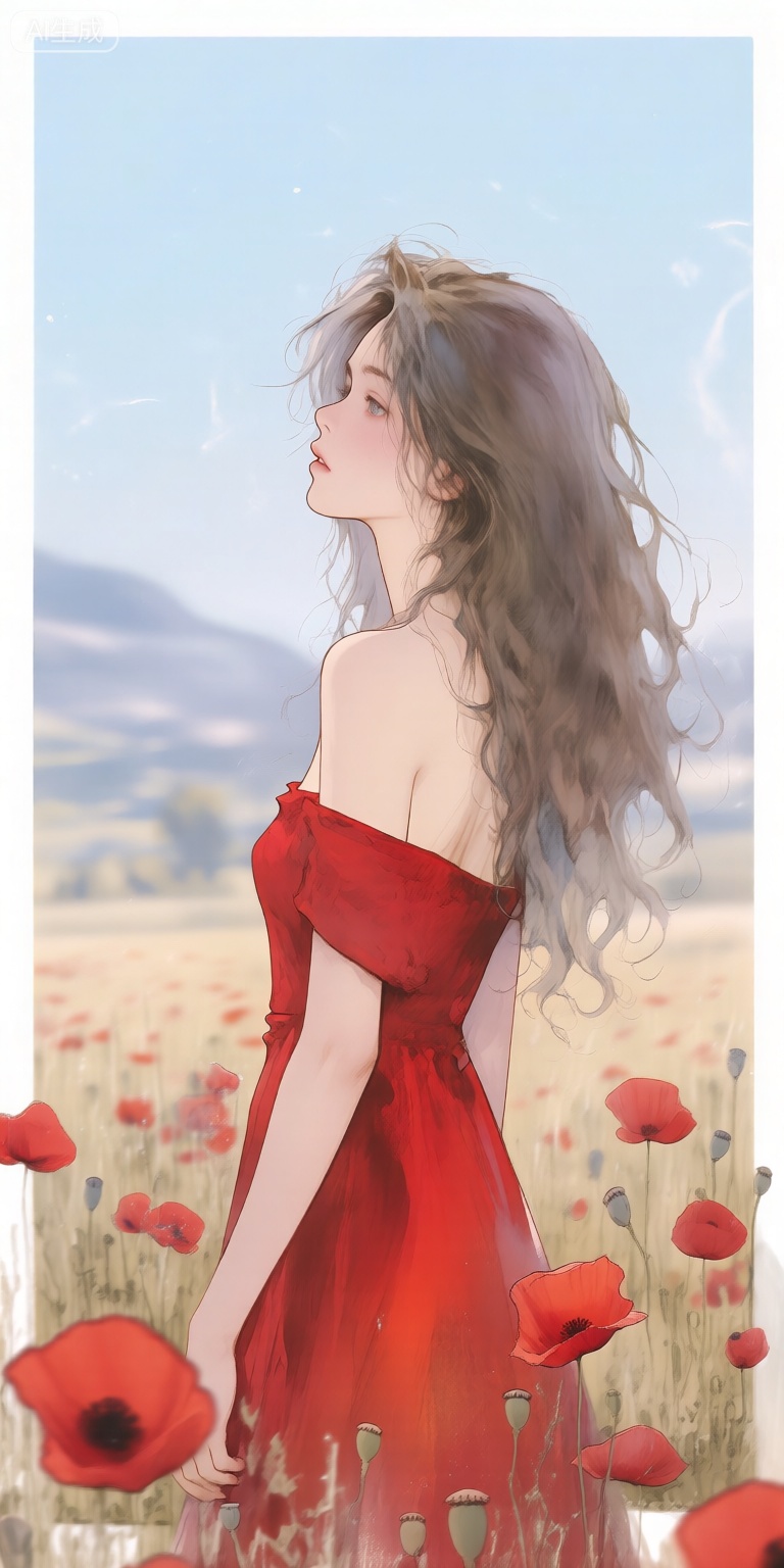 a digital illustration shoot from a profile camera angle about a young woman in a red dress standing in a field of poppies, with a soft, blurred background, the image also shows a serene and dreamy atmosphere, on the middle of the image, a 1woman, who appears to be in her early twenties, with light skin and long, wavy, dark grey hair, is standing, she is facing the viewer with her eyes looking to the side, and her expression is serene, her body is slim, and she is wearing a strapless, red dress that is slightly off-the-shoulder, revealing her bare shoulders, her hair is styled in a way that frames her face, with her hair falling down her back, she has a delicate, ethereal quality to it, with the soft, dreamy color blending seamlessly into the image, the background features a blurred landscape with distant mountains and a clear blue sky, and the image is framed with a white border around the edges, the woman is surrounded by red flowers, which are scattered throughout the field, adding a touch of color and vibrancy to the scene,
