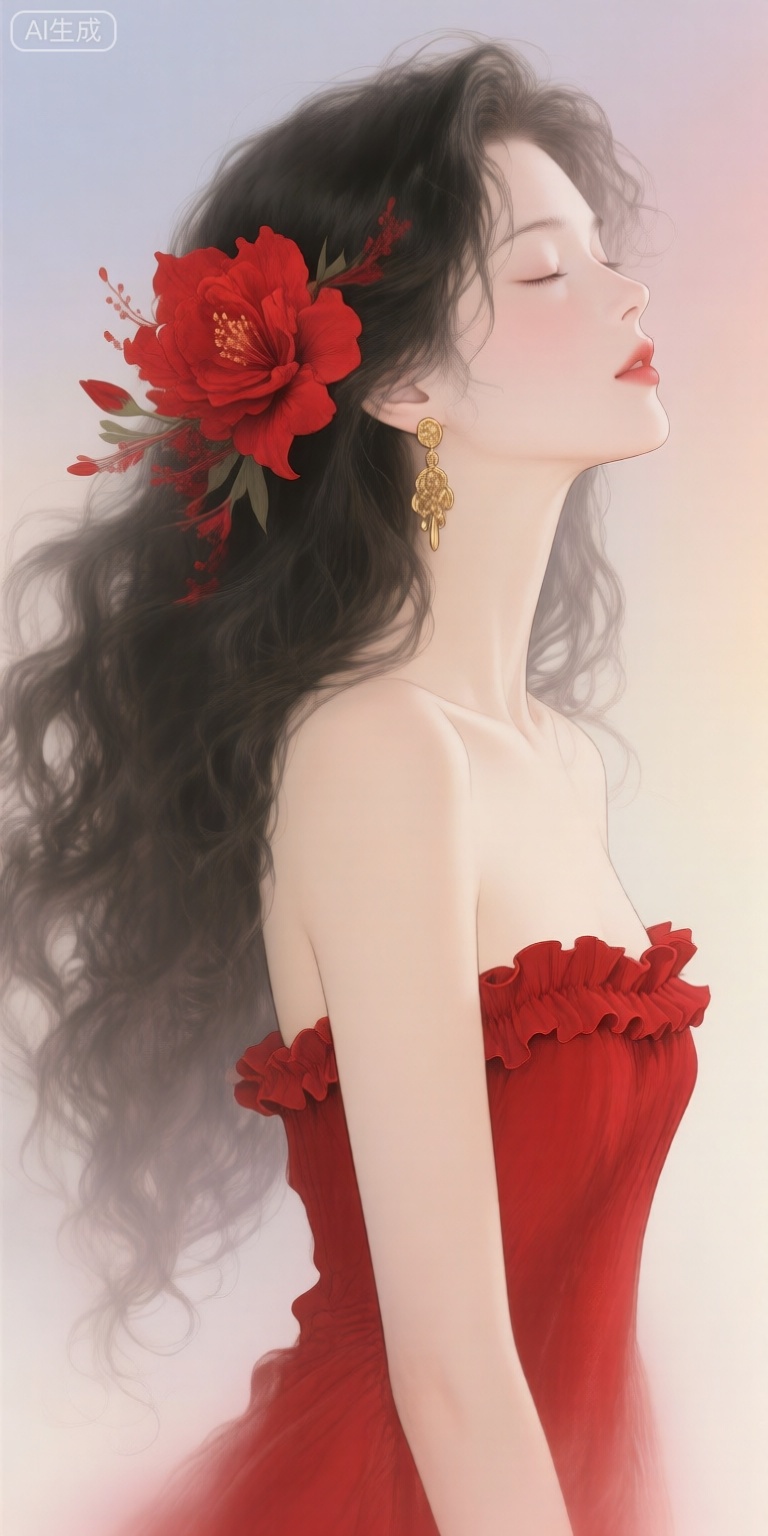 a digital illustration shoot from a profile camera angle about a portrait of a woman with long, wavy black hair and a red flower in her hair, wearing a red dress, the image also shows a soft, ethereal quality with a subtle gradient background, on the middle of the image, a woman appears to be in her late 20s, with a slender physique and fair skin, she is facing the viewer, with her eyes closed, and her expression is serene, her hair is styled in long wavy locks, and she is wearing a strapless red dress with ruffled edges, adorned with gold earrings and a large red flower, her body is slim, with bare shoulders and a delicate collarbone, the overall mood is elegant and romantic, with soft and diffused lighting that creates a dreamy atmosphere,

