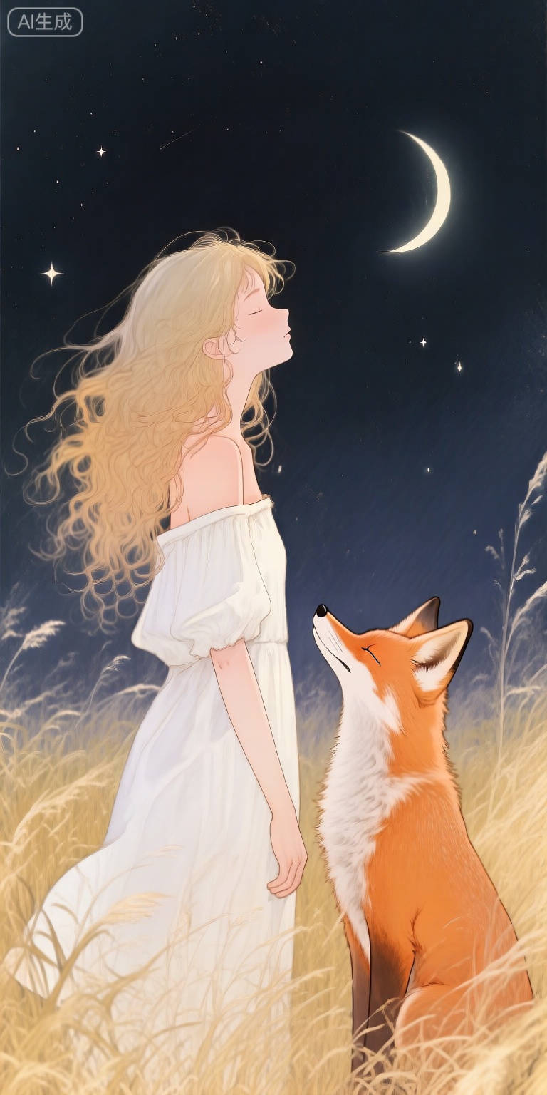 a digital illustration shoot from a profile camera angle about a serene scene featuring a girl and a fox in a field at night, the image also shows a crescent moon in the sky and soft, ethereal lighting, on the middle of the image, a 1girl, who appears to be a young woman with long, wavy blonde hair, is standing in tall, golden grass, she is wearing a white, off-the-shoulder dress that is slightly blurred, giving the image a dreamy, dreamy quality, her expression is serene, and she is facing away from the viewer, with her closed mouth and closed eyes giving a sense of calmness, to her right, a fox with orange fur is looking up at her, its ears perked up, as if its listening intently, the foxs eyes are closed, and its mouth is slightly open, giving it a peaceful and calm expression, the background is a dark, starry night sky with a few stars twinkling, adding to the serene atmosphere of the scene,
