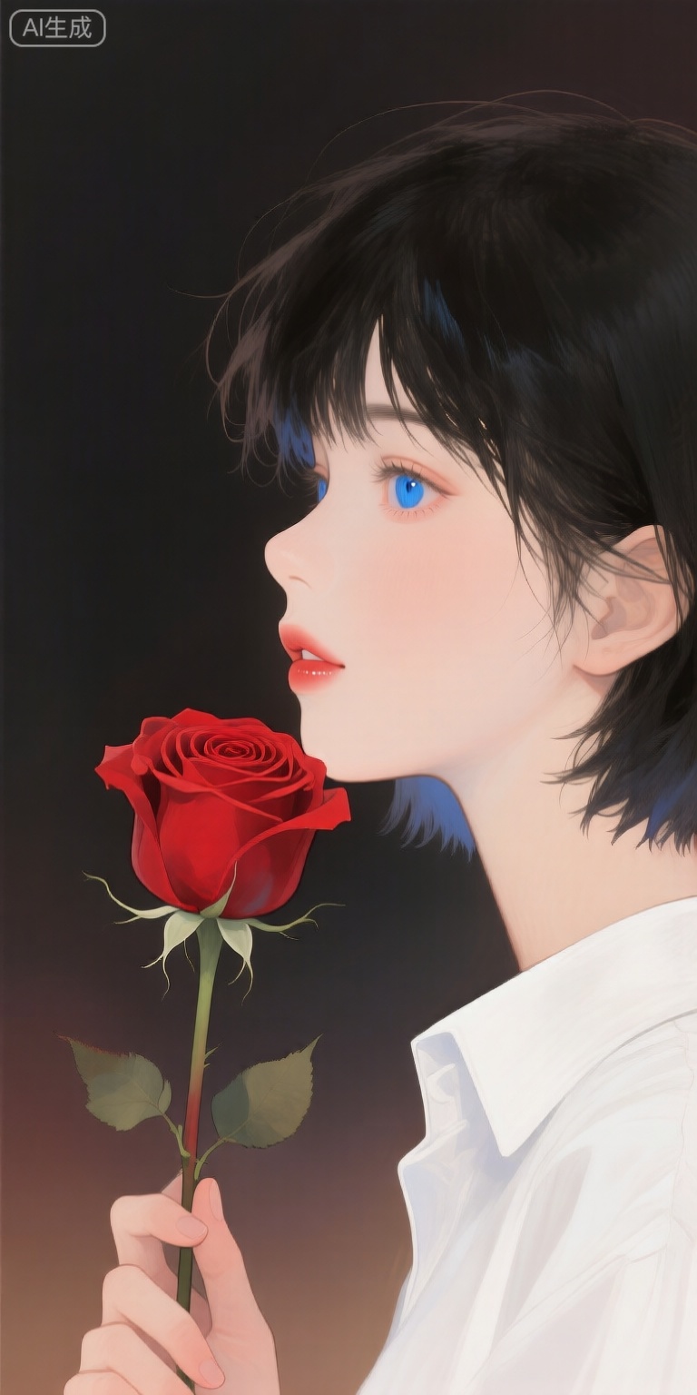 a digital illustration shoot from a profile camera angle about a close-up portrait of a young woman holding a red rose, the image also shows a soft and romantic atmosphere, on the middle of the image, a 1woman, who appears to be in her early twenties, with short black hair and blue eyes, is facing the viewer and looking to the side, she has a serene expression and is wearing a white shirt, her lips are slightly parted, and she is holding a single red rose close to her face, the background is a dark gradient, which contrasts with the soft and warm tones of the painting, the womans hair is styled in a short, messy manner, and her eyes are a striking blue color, the overall mood is romantic and intimate,

