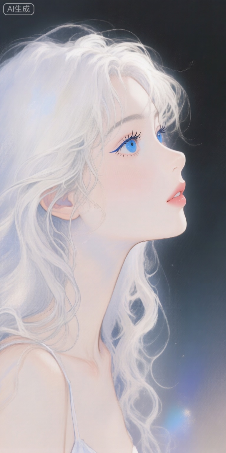 a digital illustration shoot from a profile camera angle about a close-up portrait of a young woman with long, wavy white hair and striking blue eyes, the subject is positioned in the middle of the image, facing slightly to the right, with a serene expression, the woman appears to be in her early twenties, with her hair styled in loose waves and parted lips, her eyes are large and expressive, with long eyelashes and a subtle eyeliner, she is wearing minimal clothing, with no shoes or accessories, the background is a dark, gradient background with soft, ethereal light effects, creating a dreamy atmosphere, the image has a soft, painterly style with a focus on the subjects face and hair,


