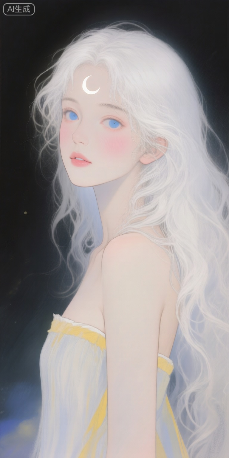 a digital illustration shoot from a profile camera angle about a portrait of a young woman with long, flowing white hair and a crescent moon on her forehead, set against a dark background with soft, ethereal lighting, the image also shows a serene and dreamy atmosphere, on the middle of the image, a 1woman, who appears to be in her early twenties, with light skin, blue eyes, and long, wavy hair, is facing the viewer with a calm and serene expression, she is wearing a strapless, light-colored dress with yellow accents, and her hair is styled in a way that creates a sense of depth and dimension, her body is slim, and she has a delicate, almost ethereal quality to it, her eyes are looking directly at the viewer, with a subtle blush on her cheeks, her lips are slightly parted, giving her a soft, dreamy look, the overall effect is one of calmness and serenity,