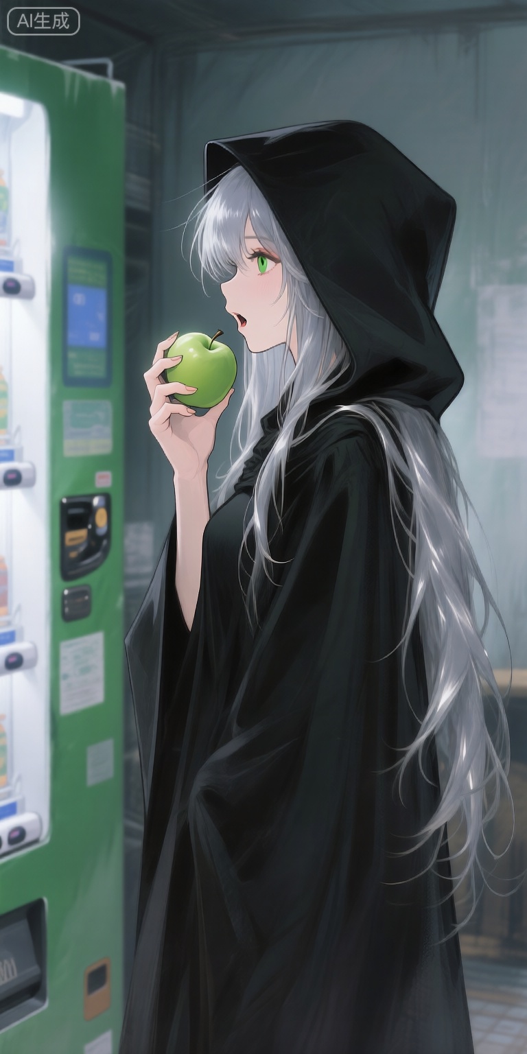 a digital illustration shoot from a profile camera angle about a young woman with long, flowing silver hair, wearing a black hooded cloak, holding a green apple in her right hand, standing in a dimly lit room with a green and white vending machine in the background, the image also shows soft, diffused lighting and a blurred background, on the middle of the image, a 1girl, who appears to be in her early twenties, is standing with her upper body facing the viewer, looking to the side with a neutral expression, she has a slim body, long hair, and green eyes, her hair is styled in a long hair style with silver highlights, and she is wearing a dark cloak, she is holding an apple with both hands, and her mouth is slightly open, as if she is about to take a bite,
