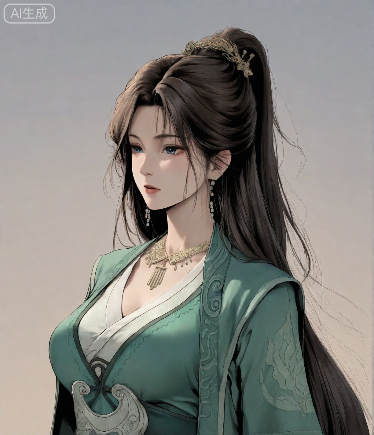 ((very awa)),(solo),highly detailed,(best quality),((masterpiece)),1girl,,spot color,shouhui,lineart,ge,flat color,upper_body,,,mupeiling,long hair,black hair,jewelry,earrings,necklace,hair ornament,