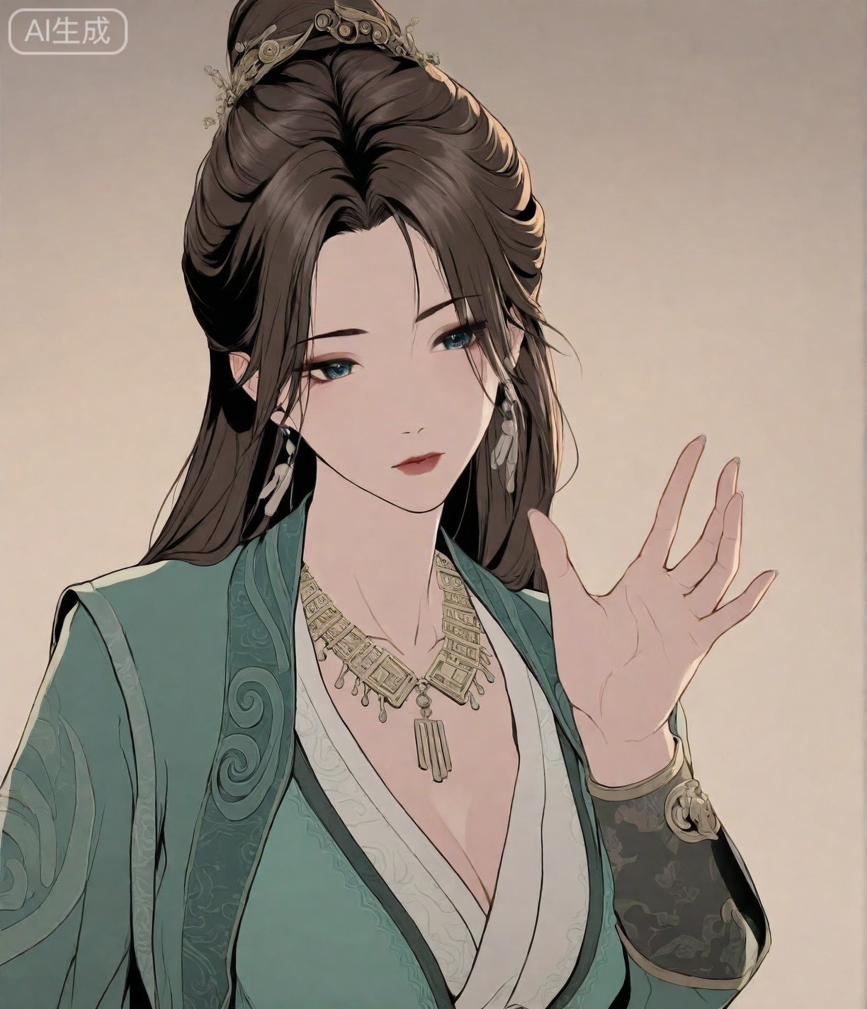 ((very awa)),(solo),highly detailed,(best quality),((masterpiece)),1girl,,spot color,shouhui,lineart,ge,flat color,upper_body,,,mupeiling,long hair,black hair,jewelry,earrings,necklace,hair ornament,