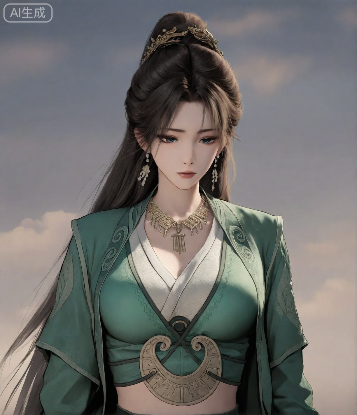 ((very awa)),(solo),highly detailed,(best quality),((masterpiece)),1girl,,spot color,shouhui,lineart,ge,flat color,upper_body,,,mupeiling,long hair,black hair,jewelry,earrings,necklace,hair ornament,