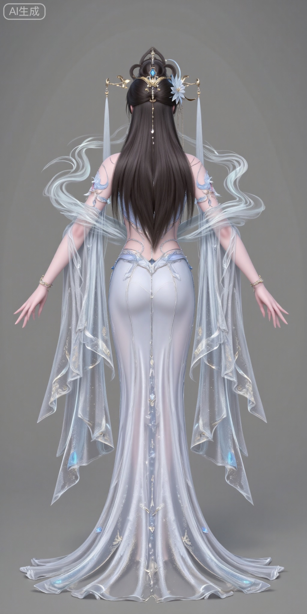yaoyuegongzhu, 1girl, dress, solo, black hair, forehead mark, long hair, hair ornament, jewelry, full body,back,ass, looking_back,white dress, facial mark, grey background, bracelet, simple background, necklace, flower, shawl, hair bun,
pifu,guanghuapifu,yaoyuegongzhu