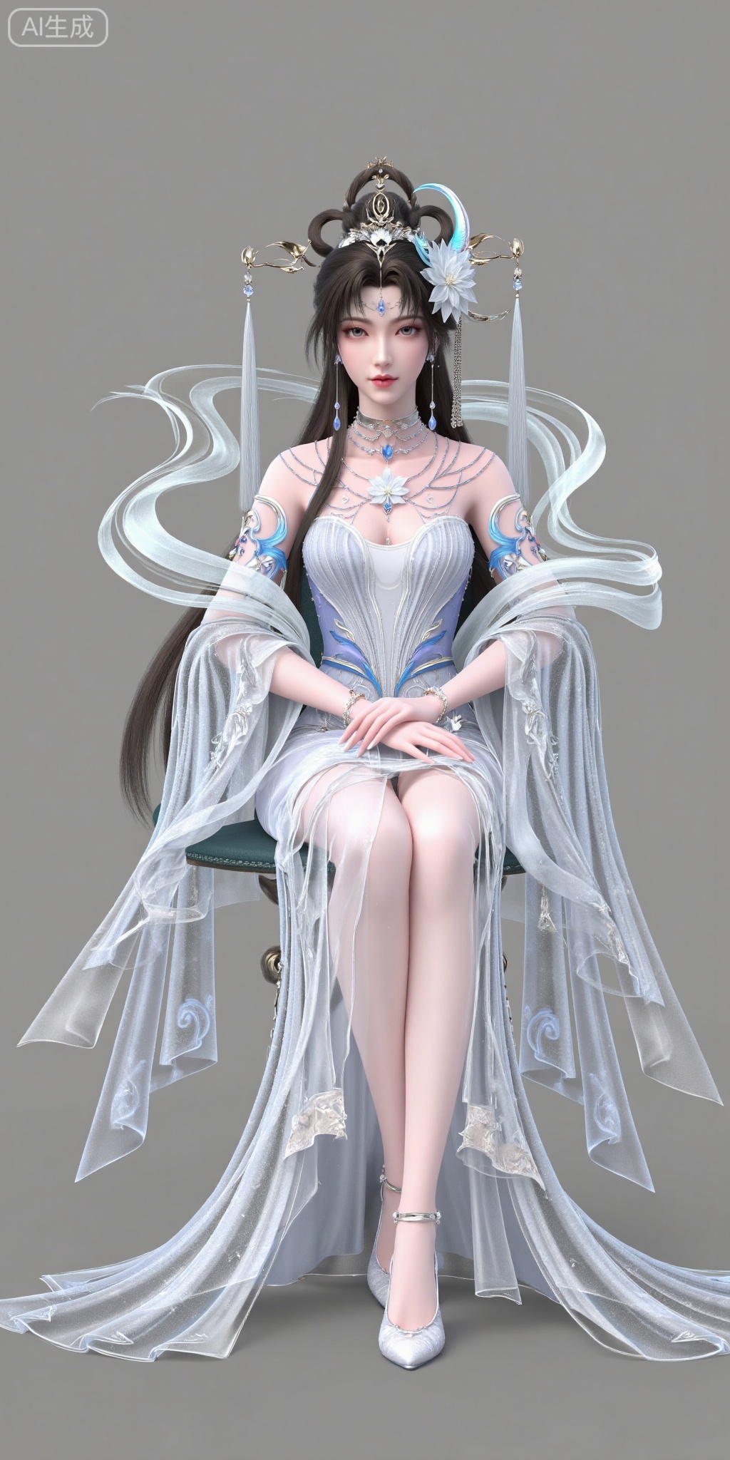 yaoyuegongzhu, 1girl, dress, solo, black hair, forehead mark, long hair, hair ornament, jewelry, full body, white dress, facial mark, grey background, bracelet, simple background, necklace, flower, shawl, hair bun,sitting,chair,
pifu,guanghuapifu,yaoyuegongzhu
