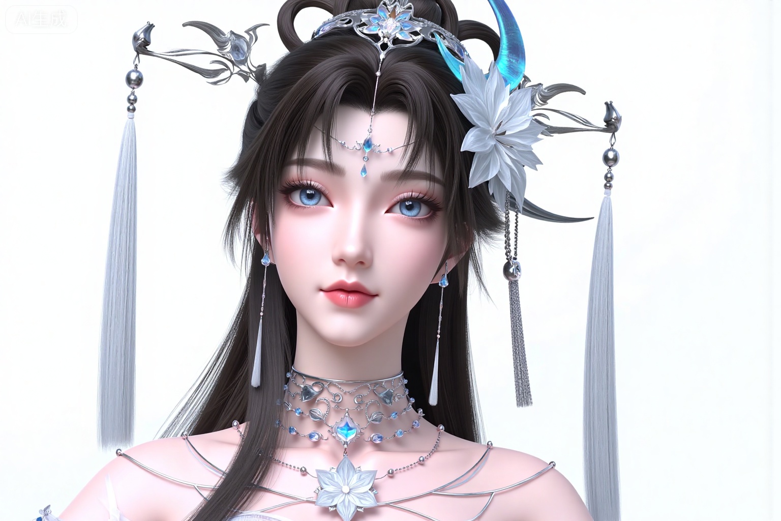 1girl, solo, long hair, looking at viewer, blue eyes, simple background, black hair, hair ornament, dress, bare shoulders, jewelry, upper body, flower, earrings, hair flower, necklace, crescent, hair rings, forehead mark,
white_background,simple_background,pifu,guanghuapifu,yaoyuegongzhu