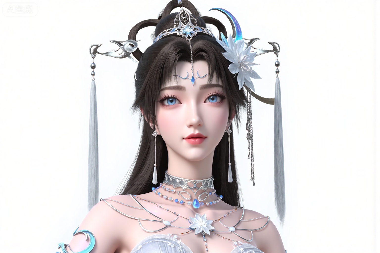 1girl, solo, long hair, looking at viewer, blue eyes, simple background, black hair, hair ornament, dress, bare shoulders, jewelry, upper body, flower, earrings, hair flower, necklace, crescent, hair rings, forehead mark,
white_background,simple_background,pifu,guanghuapifu,yaoyuegongzhu