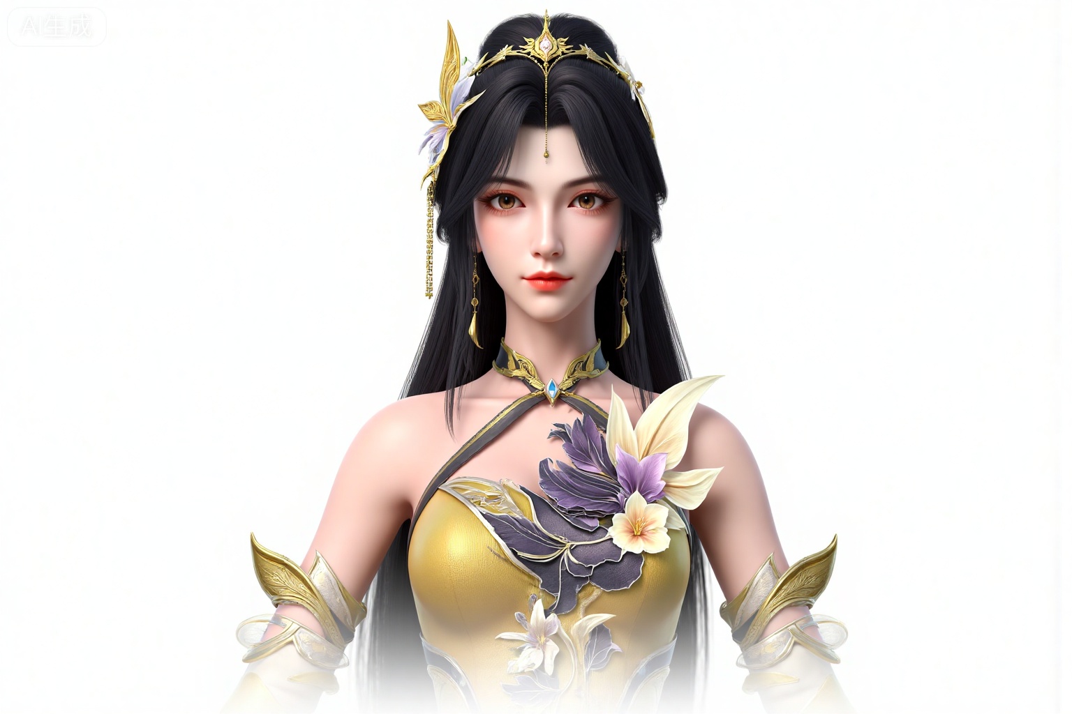wangxi, 1girl, solo, upper body, dress, hair ornament, facial mark, long hair, forehead mark, black hair, jewelry, earrings, bare shoulders, flower,  yellow dress, ponytail, detached sleeves, closed mouth, 
white_background,simple_background,
,pifu,guanghuapifu,yaoyuegongzhu