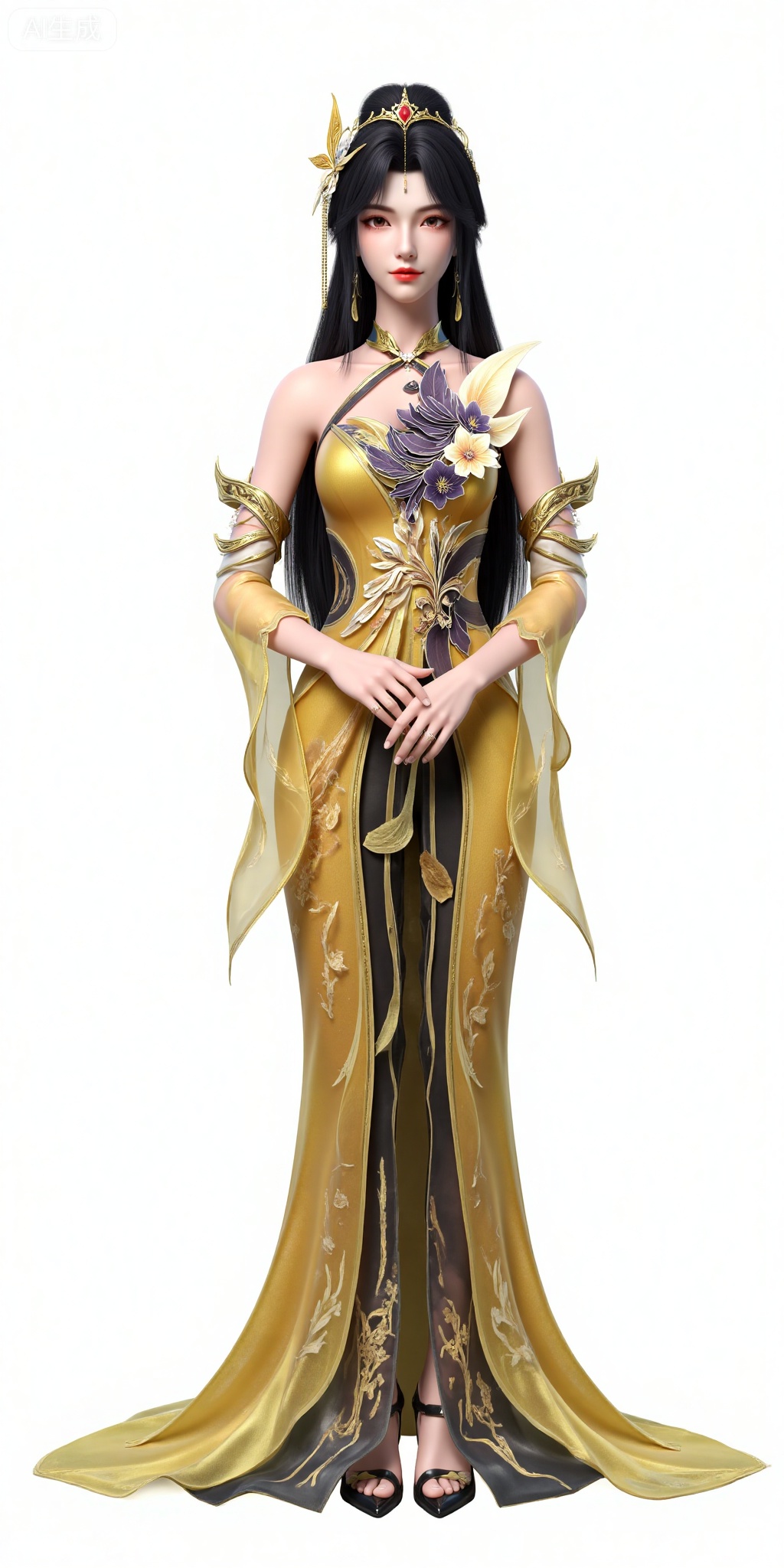 wangxi, 1girl, dress, solo, yellow dress, jewelry, hair bun, hair ornament, long hair, earrings,  detached sleeves,  black hair,  bare shoulders, forehead mark, facial mark,  brown hair, (cowboy_shot:1.2),
white_background,simple_background,
,pifu,guanghuapifu,yaoyuegongzhu