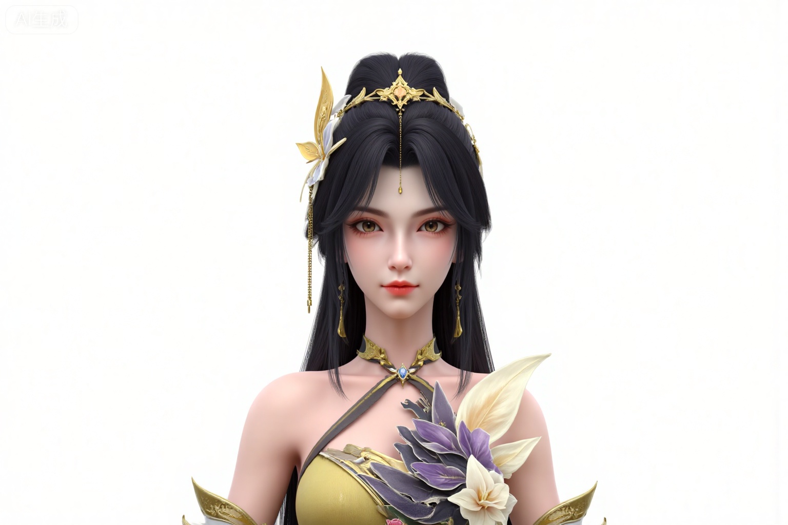 wangxi, 1girl, solo, upper body, dress, hair ornament, facial mark, long hair, forehead mark, black hair, jewelry, earrings, bare shoulders, flower,  yellow dress, ponytail, detached sleeves, closed mouth, 
white_background,simple_background,
,pifu,guanghuapifu,yaoyuegongzhu