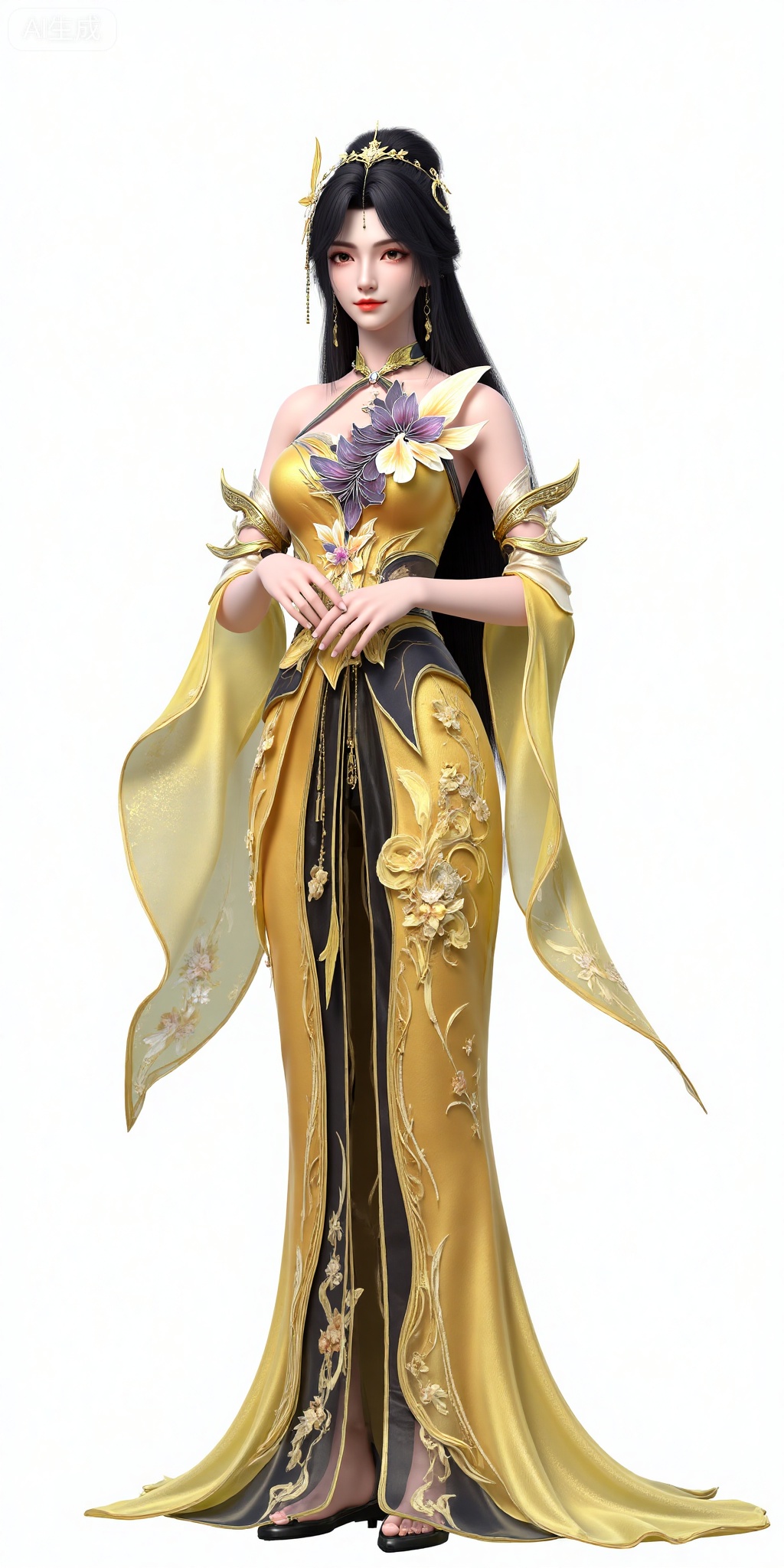 wangxi, 1girl, dress, solo, yellow dress, jewelry, hair bun, hair ornament, long hair, earrings,  detached sleeves,  black hair,  bare shoulders, forehead mark, facial mark,  brown hair, (cowboy_shot:1.2),
white_background,simple_background,
,pifu,guanghuapifu,yaoyuegongzhu