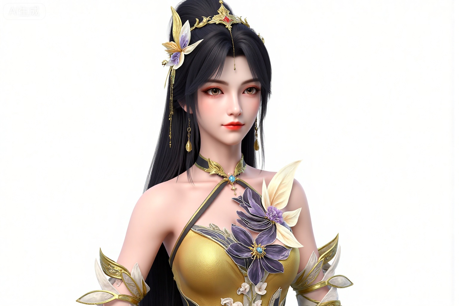 wangxi, 1girl, solo, upper body, dress, hair ornament, facial mark, long hair, forehead mark, black hair, jewelry, earrings, bare shoulders, flower,  yellow dress, ponytail, detached sleeves, closed mouth, 
white_background,simple_background,
,pifu,guanghuapifu,yaoyuegongzhu