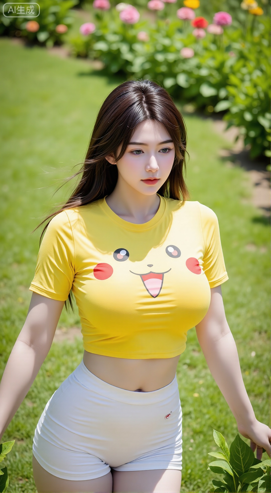 A beautiful girl in a yellow cropped t-shirt with a Pikachu design,  white shorts,  slim waist by OpenArt on Tensor.Art