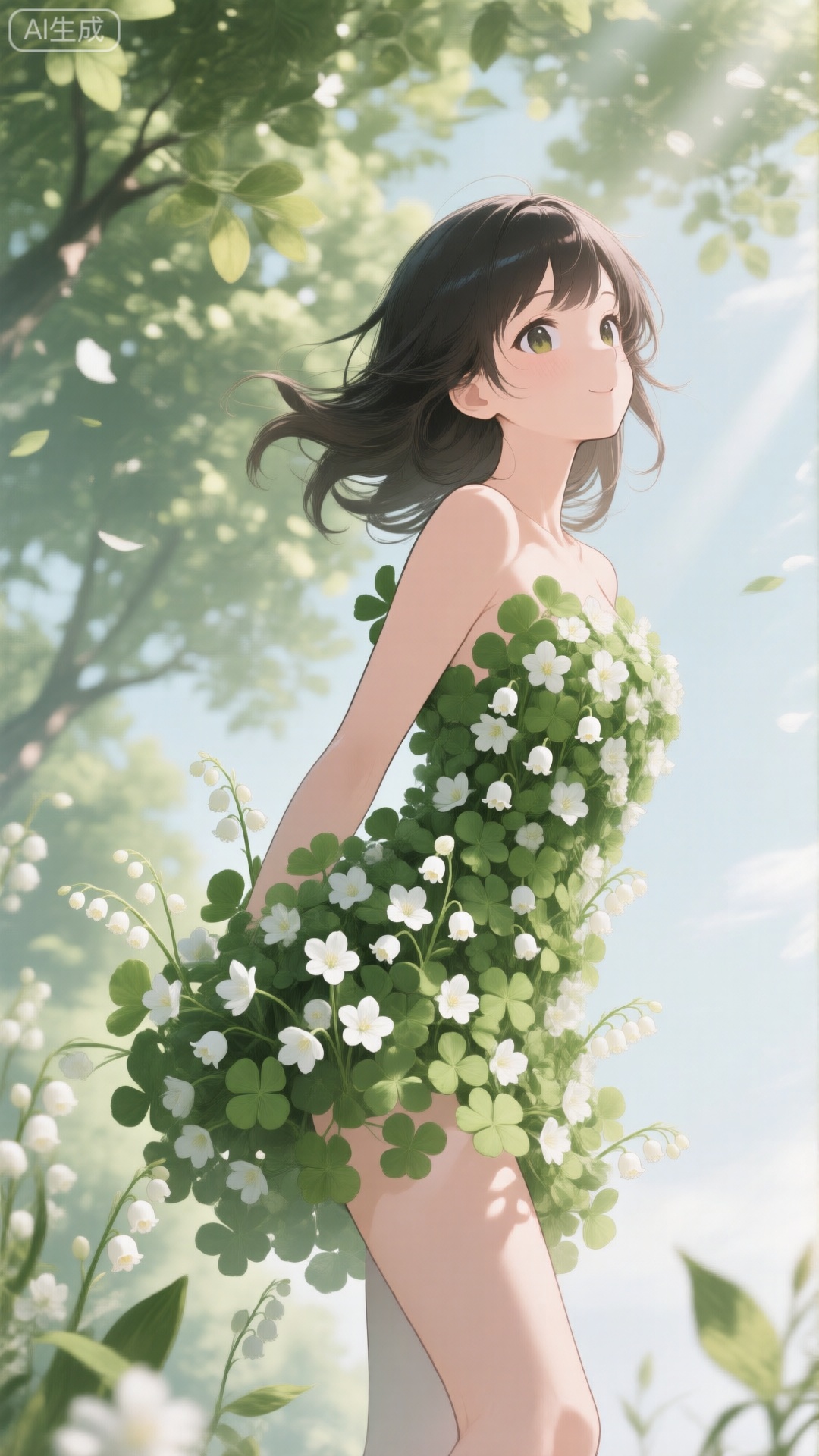 一位身姿灵动的二次元少女,身上被着铃兰、苜蓿等小巧花朵装饰着,充满清新梦幻的二次元风格。光线如同透过茂密树叶间隙的斑驳光线,营造出自然而奇幻的氛围。渲染以二次元赛璐璐风格为主,色彩鲜明且过渡自然。构图上运用三分法,将少女置于画面右侧黄金分割点。视角为斜侧方仰拍,展现少女俏皮可爱。摄影参数上,快门速度适中,定格美好瞬间,焦距稍长,突出主体细节。,细腻刻画