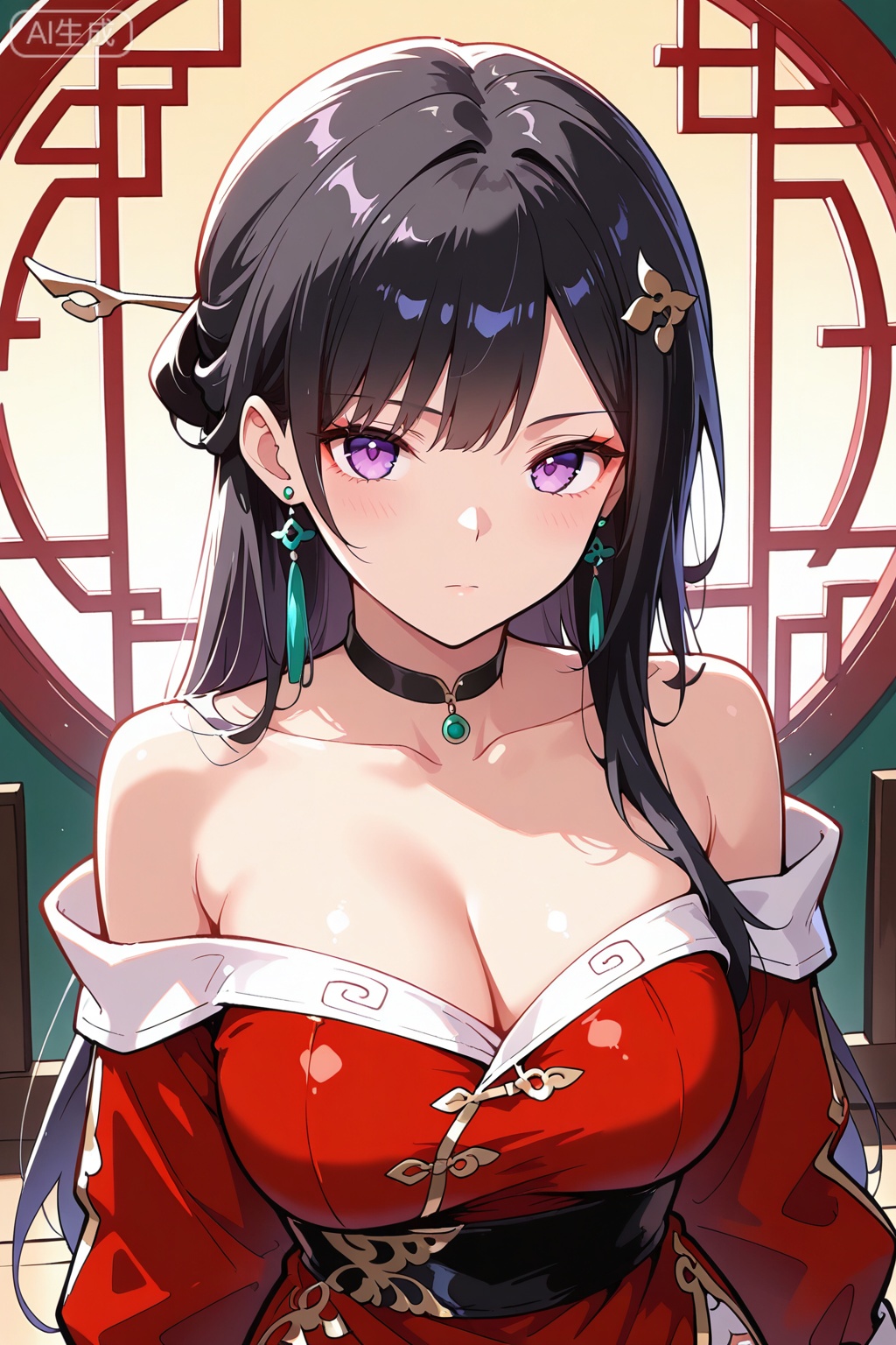 best quality,amazing quality,1girl, solo, long hair, looking at viewer, bangs,  black hair,hair ornament, long sleeves, dress, bare shoulders, jewelry, purple eyes, collarbone, earrings, choker, off shoulder, black choker, chinese clothes, red dress,雪月,