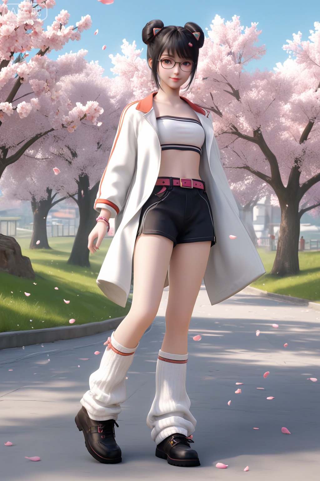 masterpiece,best quality,official art,extremely detailed CG unity 8k wallpaper,1girl,solo,looking at viewer,short hair,bangs,skirt,black hair,navel,jewelry,white coat,open coat,glasses,shorts,midriff,belt,black skirt,hair bun,open clothes,double bun,outdoors,day,sky,black tube top,wrist,loose socks,black baggy shorts,black footwear,shoes,leg lift,happiness,full body,petals,Cherry Blossoms,3d,