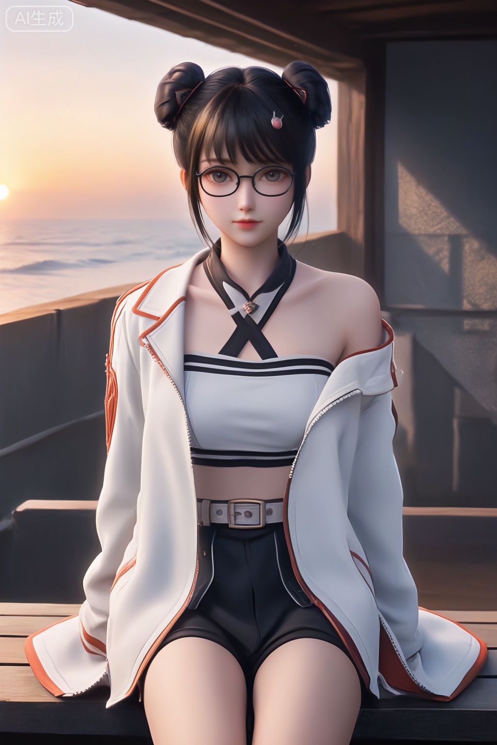 masterpiece,best quality,official art,extremely detailed CG unity 8k wallpaper,1girl,solo,looking at viewer,short hair,bangs,skirt,black hair,navel,jewelry,white coat,open coat,glasses,shorts,midriff,belt,black skirt,hair bun,open clothes,double bun,monochrome,Sunset theme background,intimate atmosphere,intimate atmosphere,intimate atmosphere,sitting,off shoulder