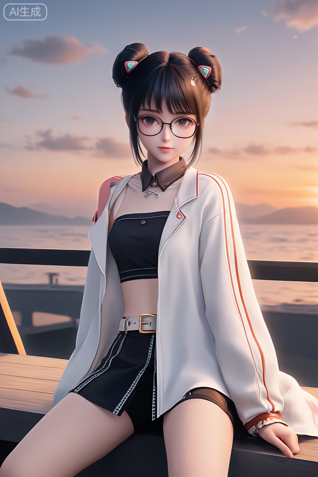 masterpiece,best quality,official art,extremely detailed CG unity 8k wallpaper,1girl,solo,looking at viewer,short hair,bangs,skirt,black hair,navel,jewelry,white coat,open coat,glasses,shorts,midriff,belt,black skirt,hair bun,open clothes,double bun,monochrome,Sunset theme background,intimate atmosphere,intimate atmosphere,intimate atmosphere,sitting,off shoulder